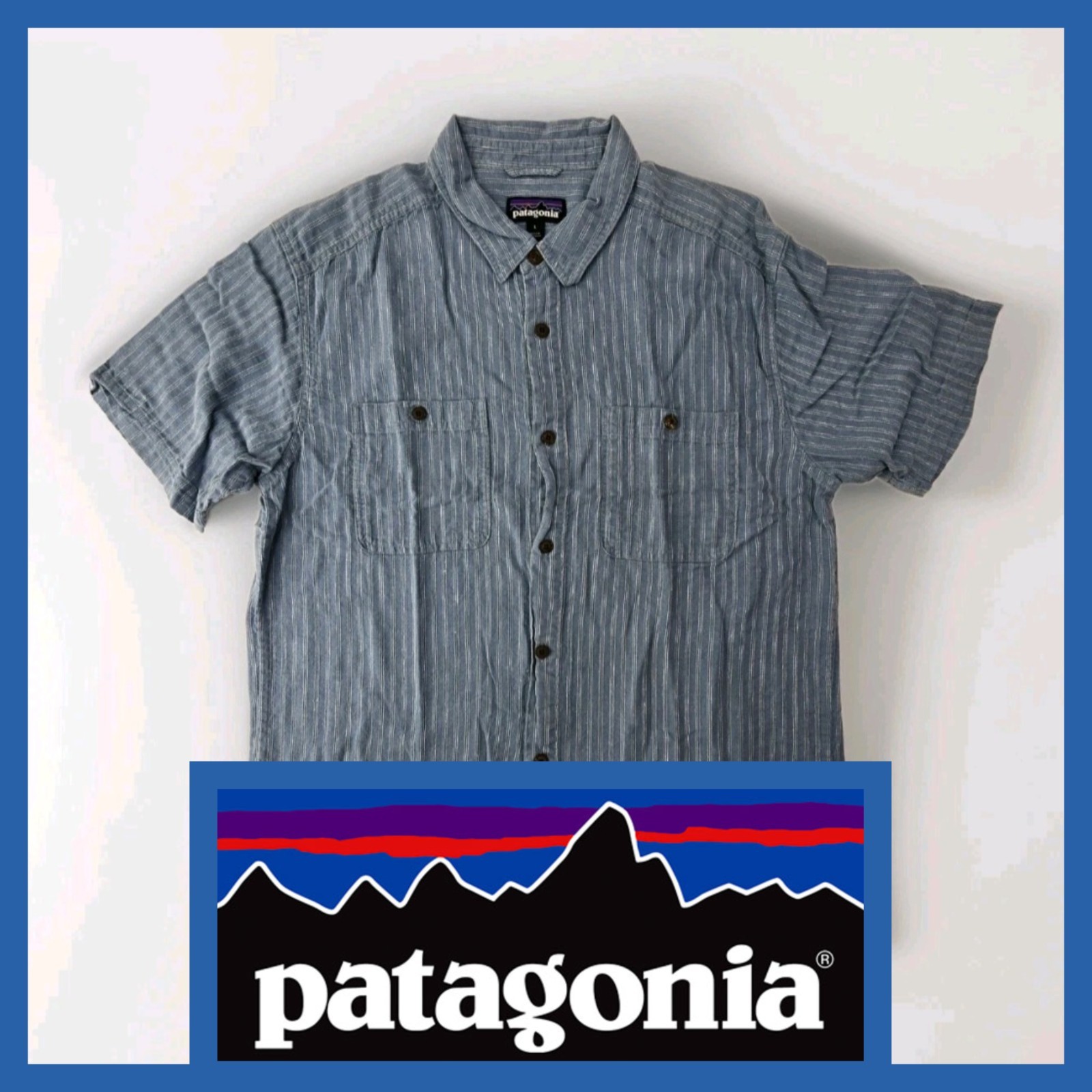 Patagonia Shirt Mens Sz Large Blue Striped Button Up Textured Hemp Cotton Blend