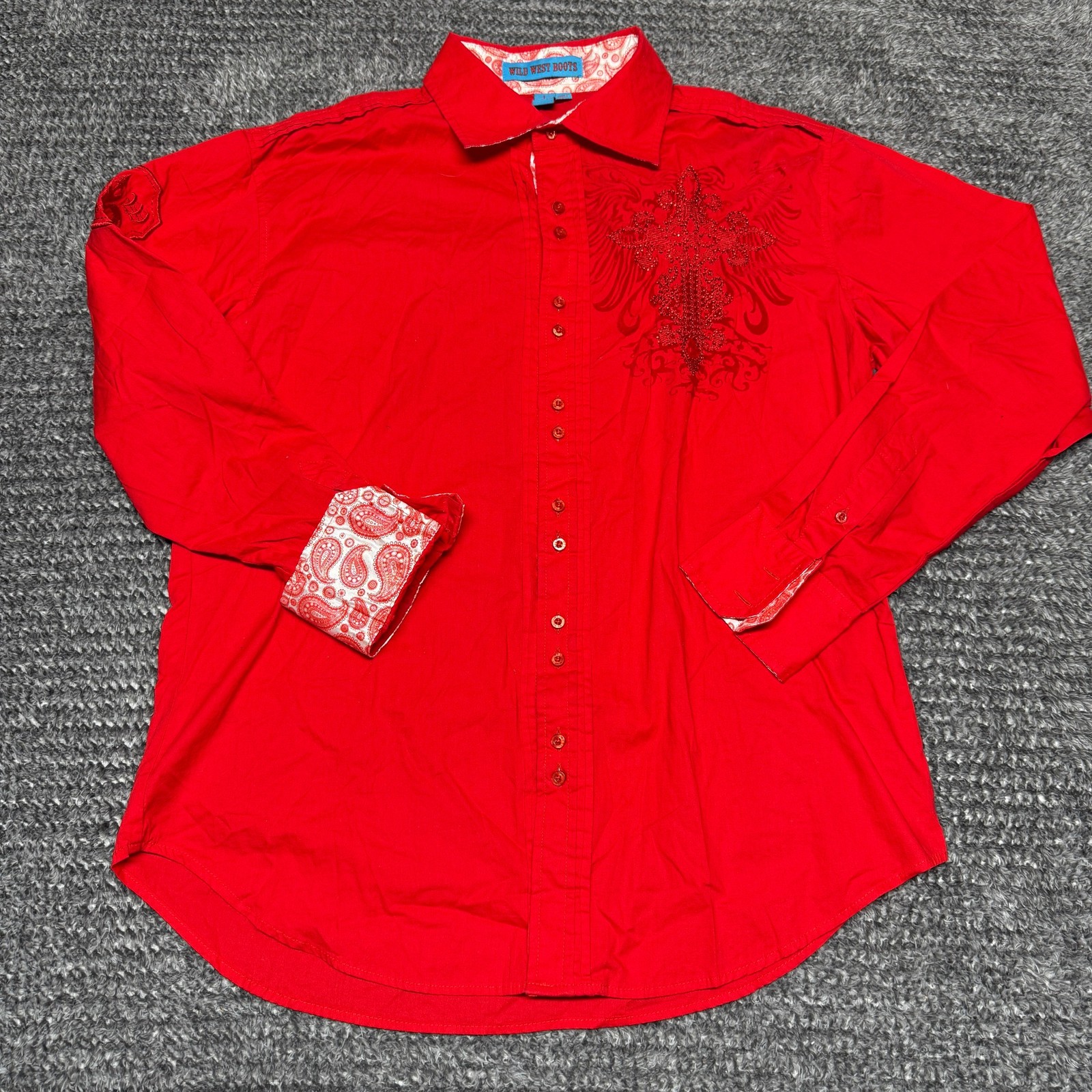 Wild West Boots Mens L Red Long Sleeve Button Up Embroidered Shirt Paisley Cuff