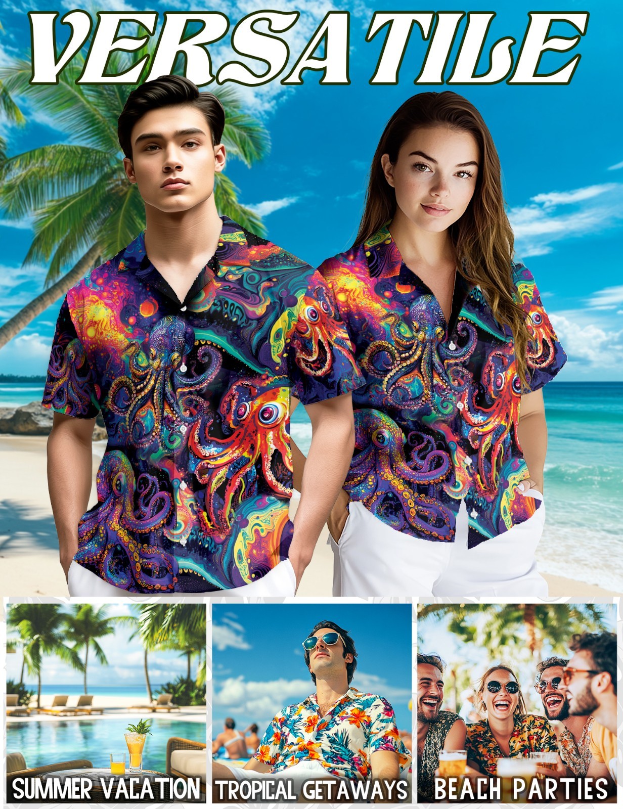 Octopus Hippie Hawaiian Shirt Ocean Animal Retro Summer Button Up
