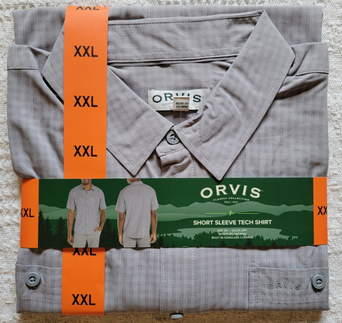 Orvis Mens 2XL XXL Gray Plaid Tech Quick Dry Vented UPF30+ Short Sleeve Shirt