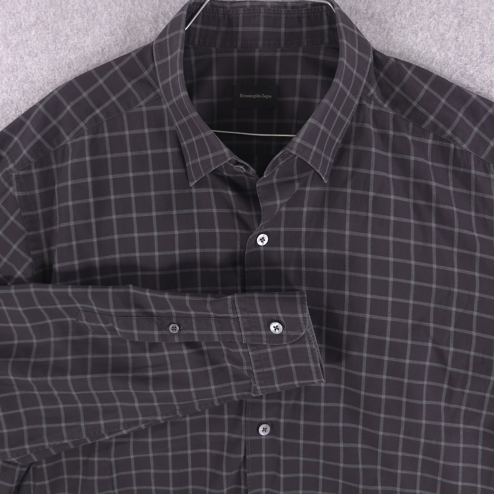 Ermenegildo Zegna Button Down Gray Windowpane Check Pearl Luxury Shirt Mens XL