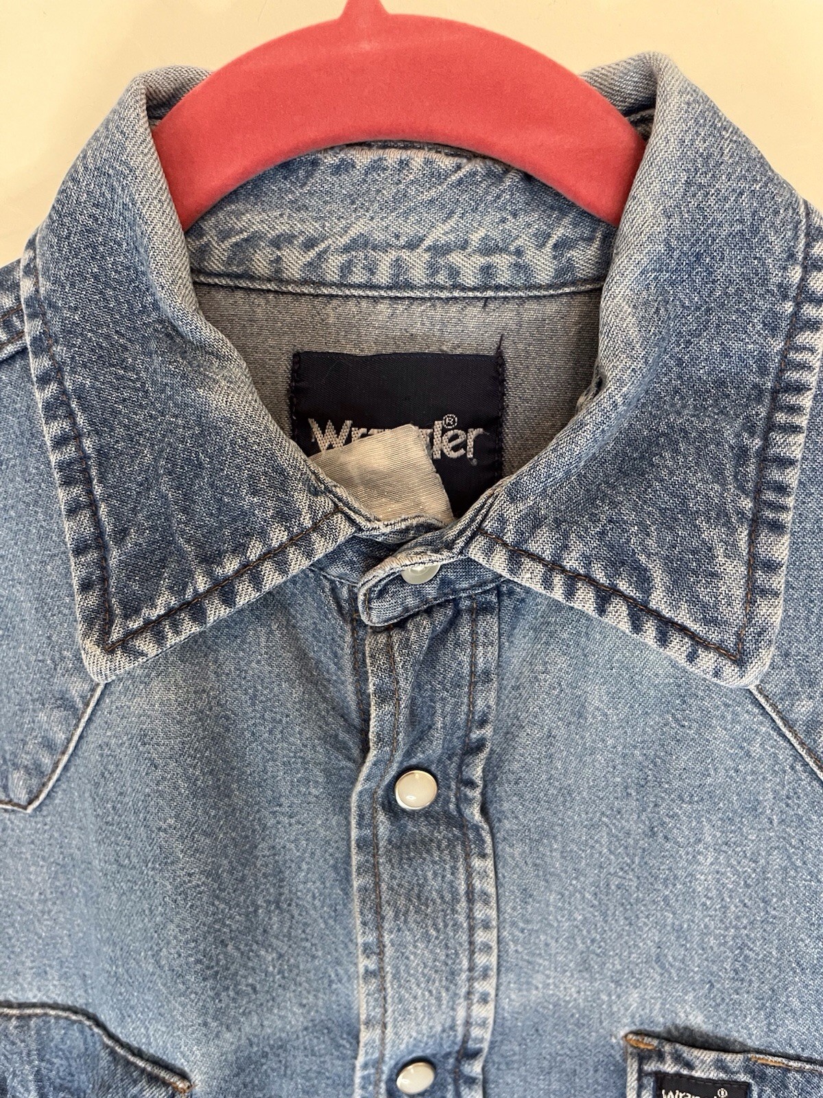 Vintage Wrangler Western Work Shirt Size Large Denim Pearl Snap Faded Distressed