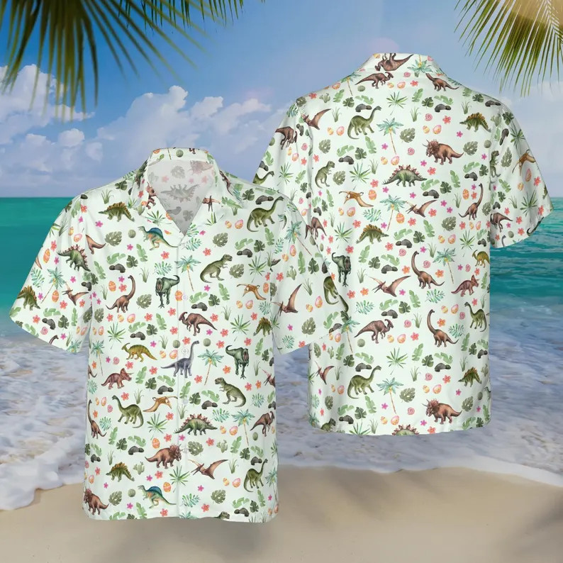 Dinosaur Floral Hawaiian Shirt Animal Mens Beach Summer Tropical Vacation