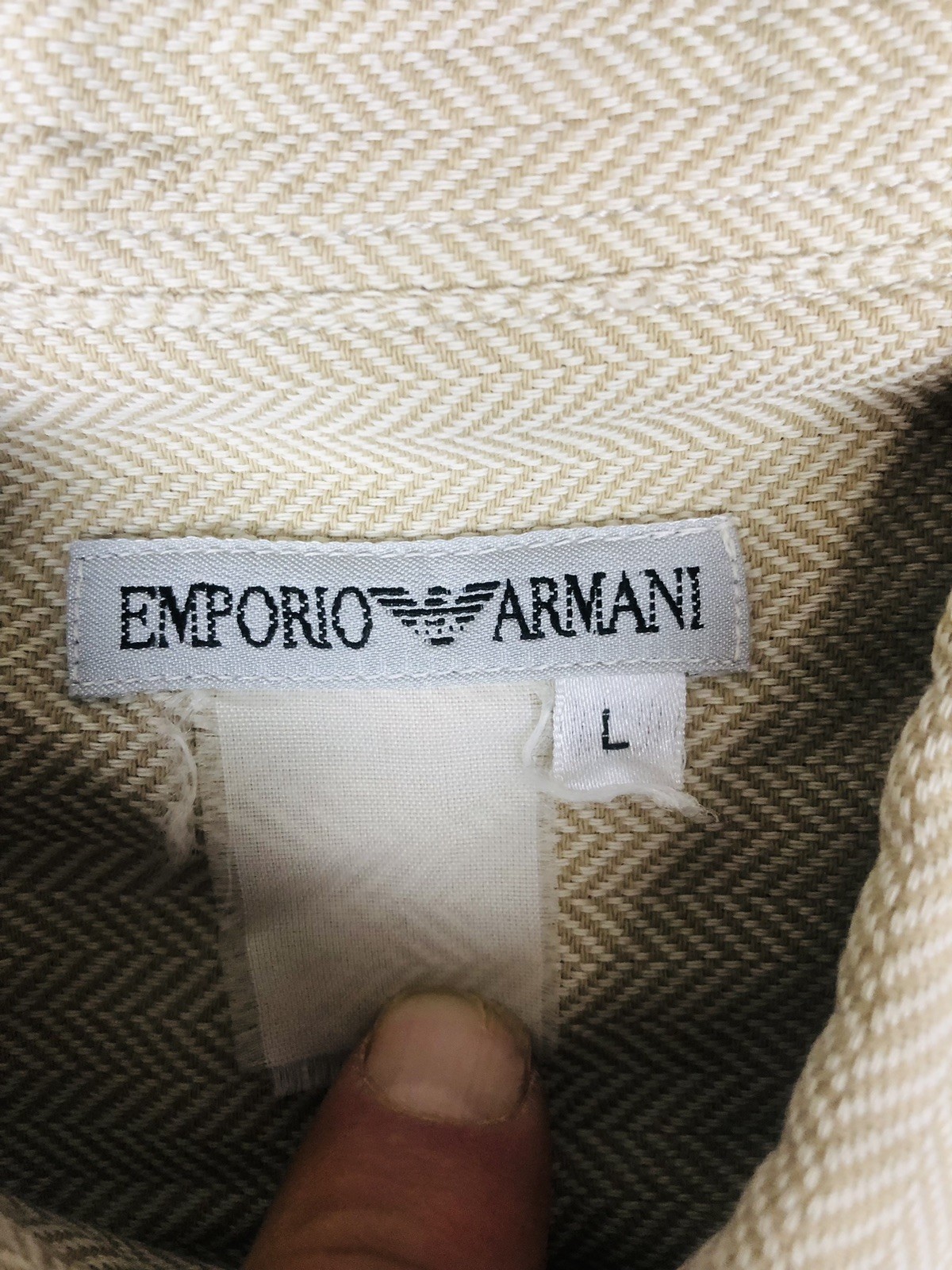 VTG 90s Emporio Armani Cream Herringbone Cotton Mens Shirt Large Made in Italy