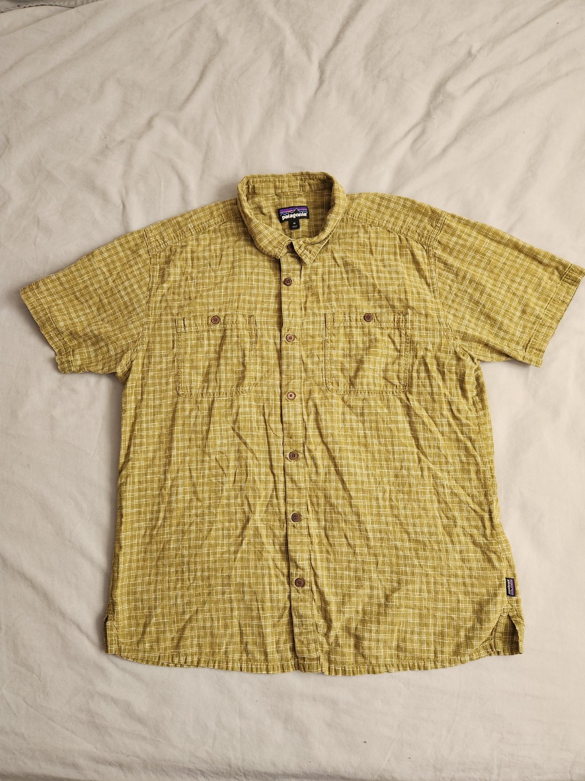 Patagonia Back Step Hemp Shirt Mens Size XL Green White Plaid Hiking 53139 NEW