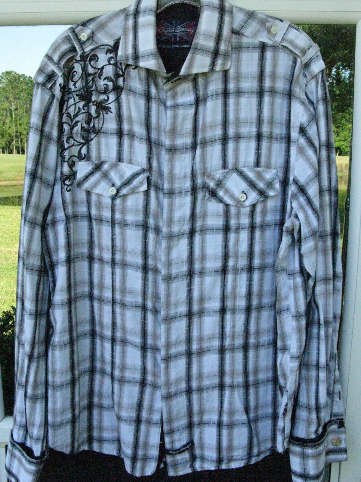 English Laundry Men’s Long Sleeve Cotton Embroidered Plaids Casual Shirt Large