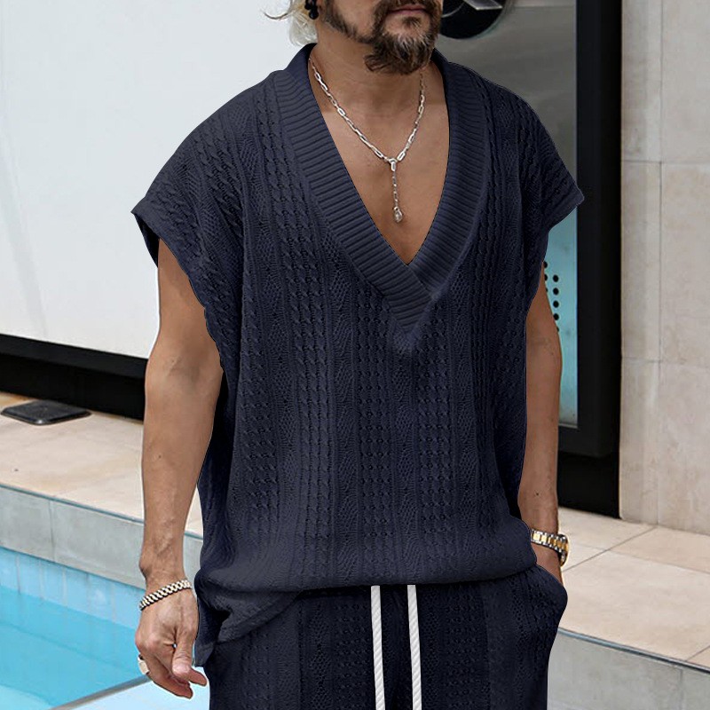Summer oversized men’s casual large V-neck loose jacquard knit vest