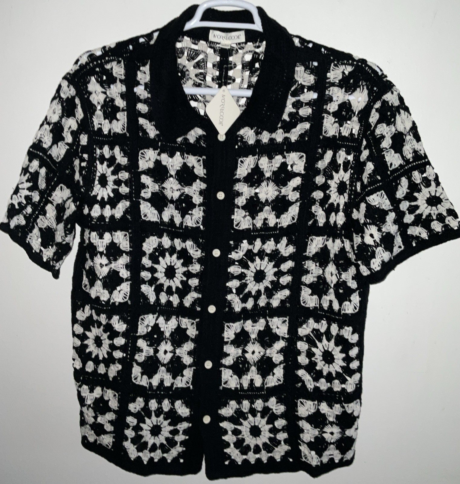 MORSECODE CROCHET OPEN LOOSE KNIT SQUARE PATCHWORK BLACK BUTTON SHIRT L NWT