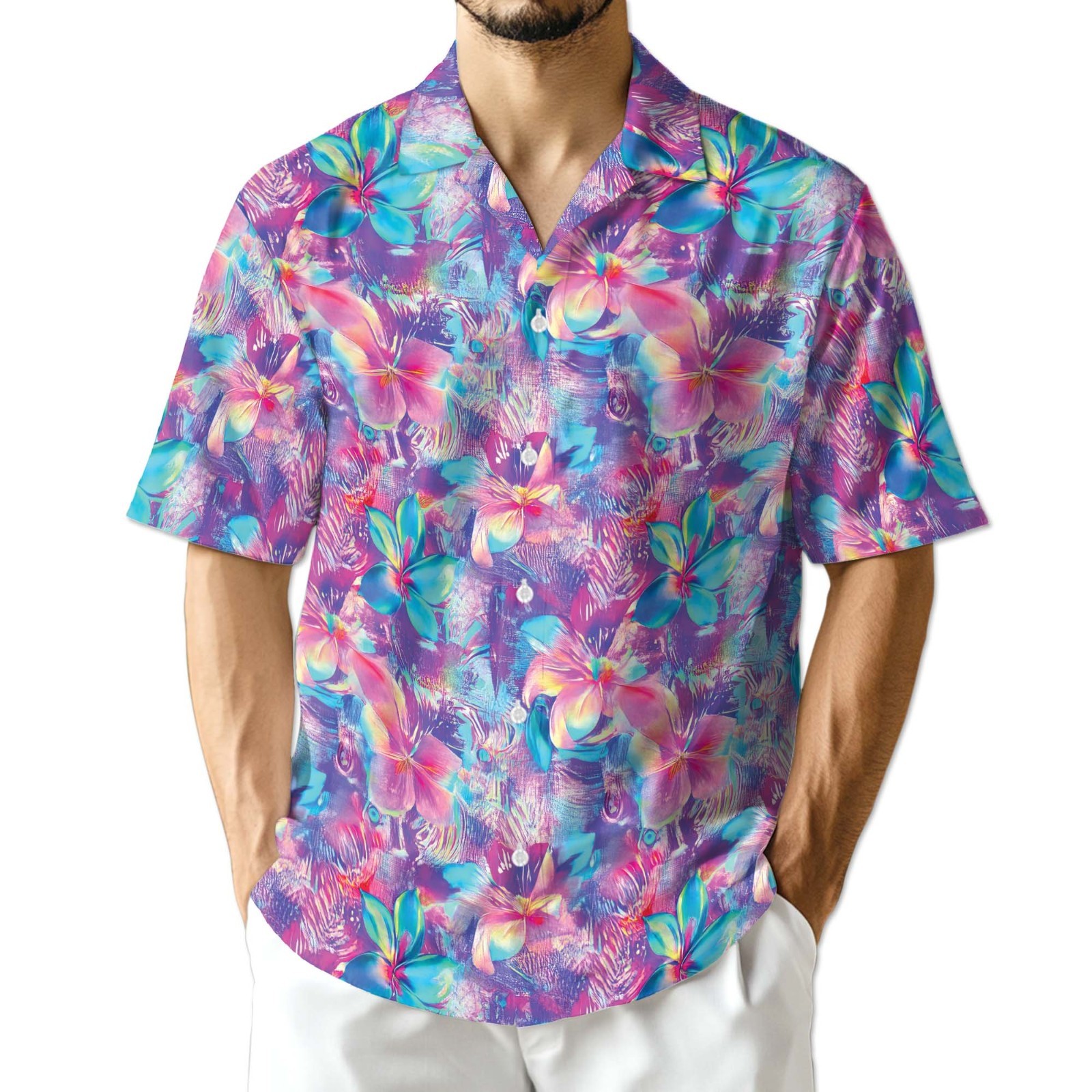 Neon Flower Hawaiian Shirt Tropical Floral Summer Button Up Gift