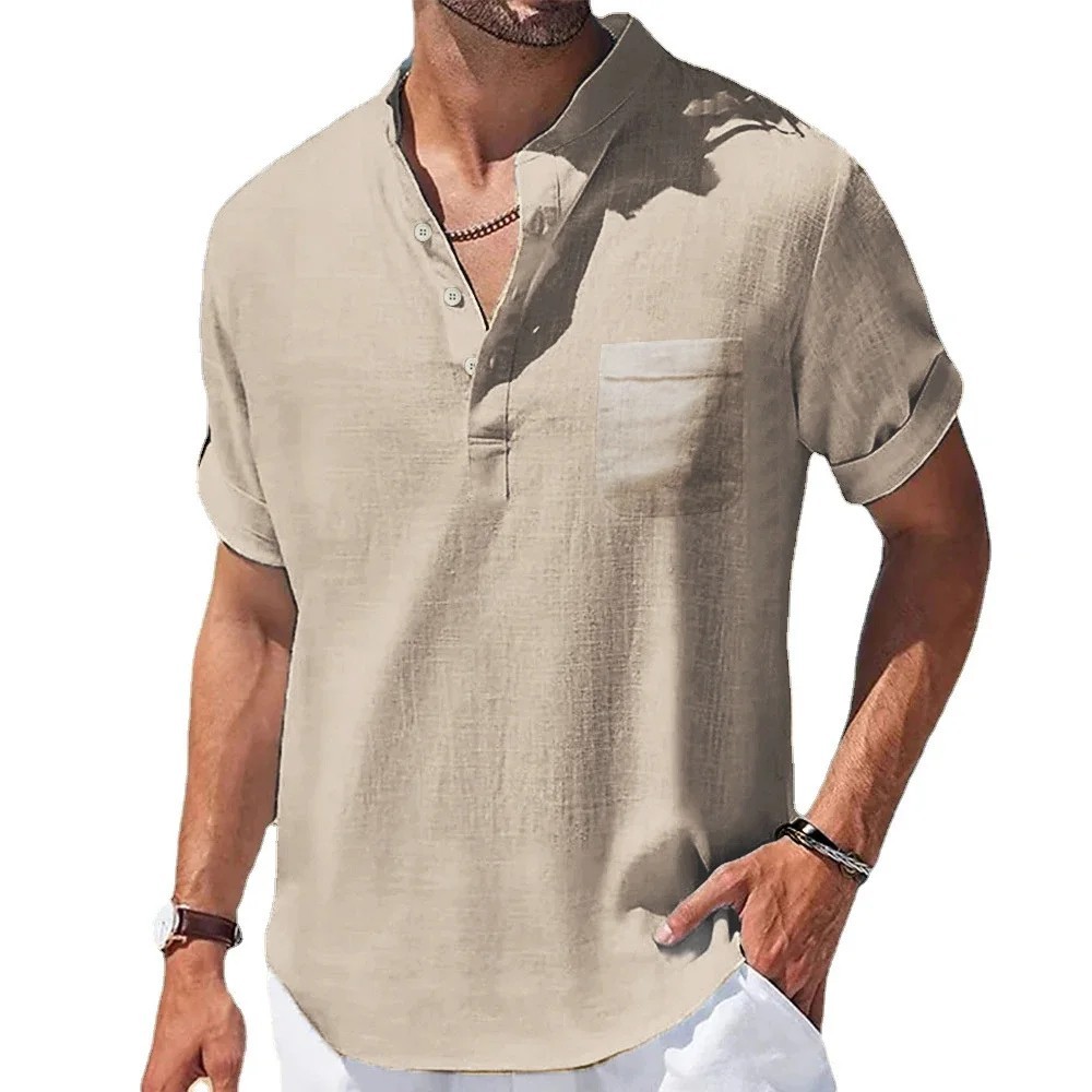 Men’s Solid Color Linen Short Sleeve Shirt Stand Collar T-shirt Tee Summer Gift