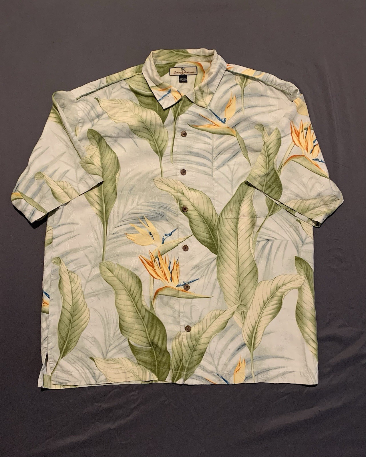 Tommy Bahama Shirt Mens Large Silk Birds Of Paradise Leaves Breathable Flaw