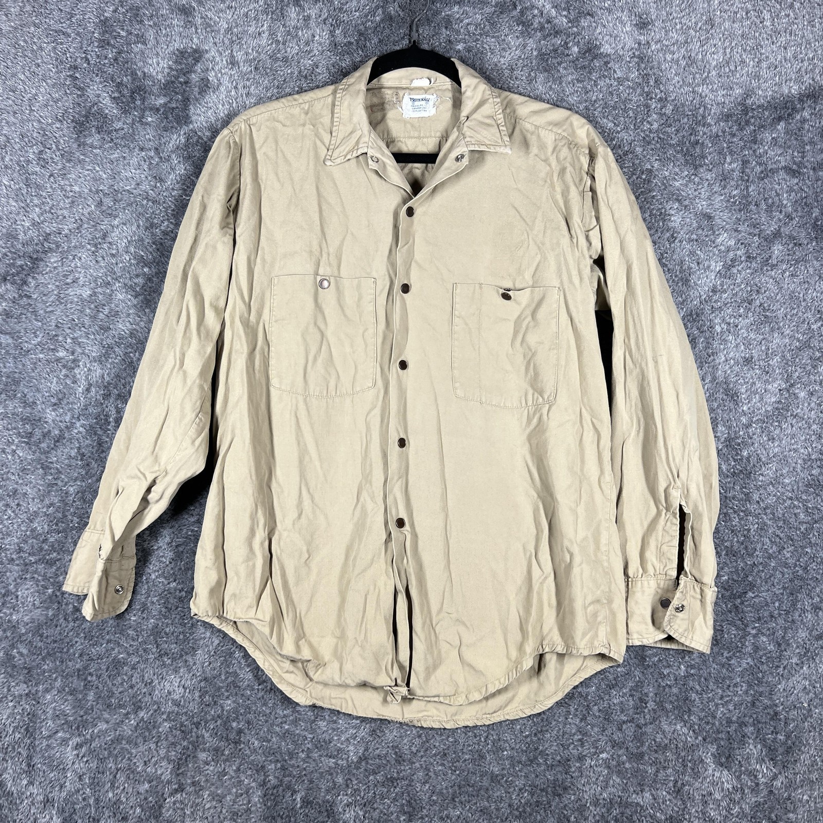Shirt Mens L Beige Long Sleeve Button Up Twill Cotton Pockets Workwear PROTEXALL