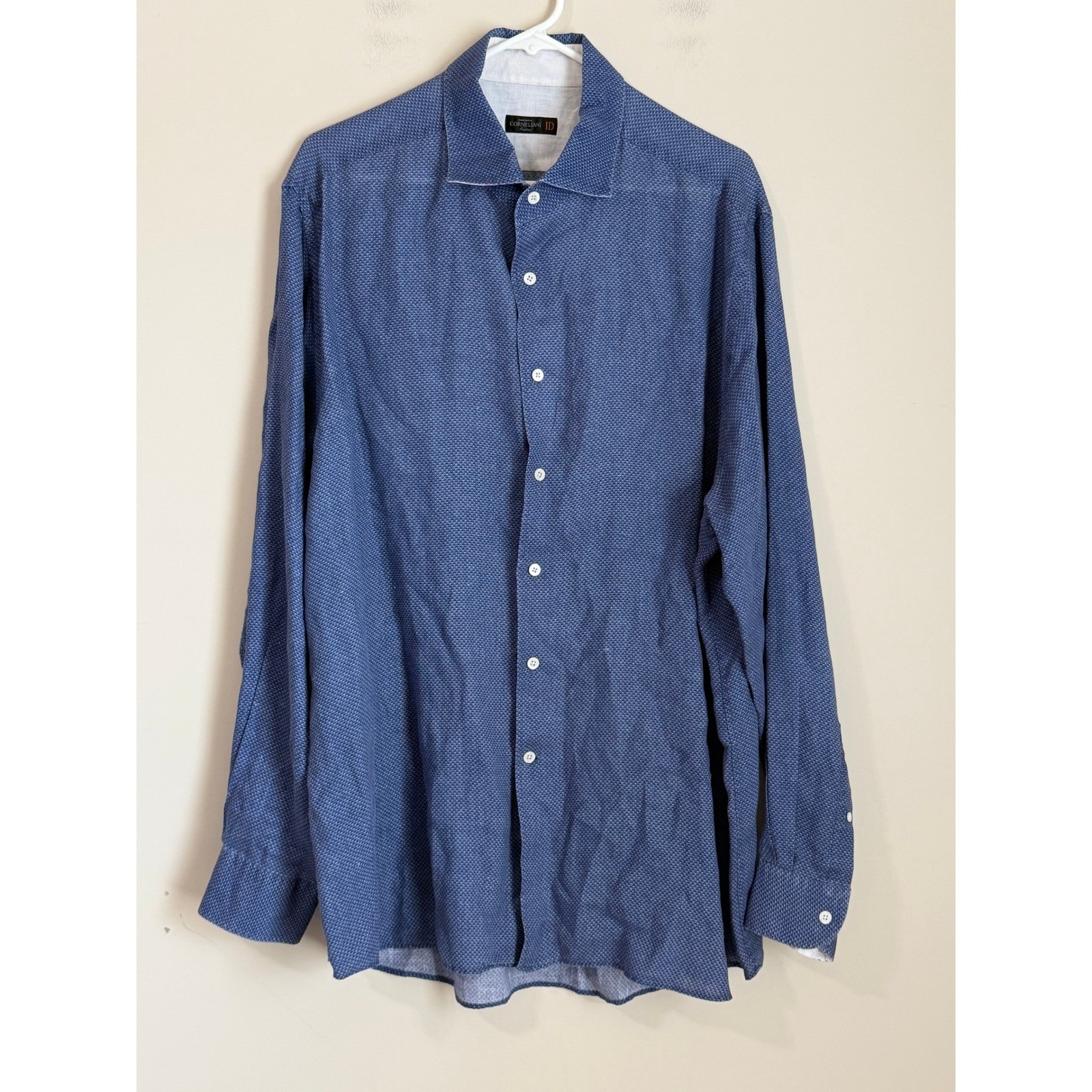 Corneliani Linen Button Down Shirt Mens XL IT 52 Chambray Blue Made In Italy