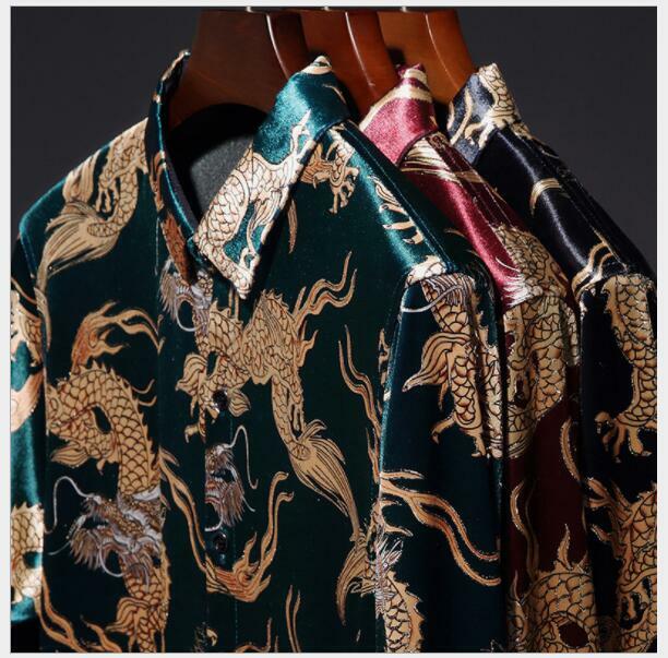Men Velvet Dragon Printing Long Sleeve Dress Shirts Business Collared Basic Tops