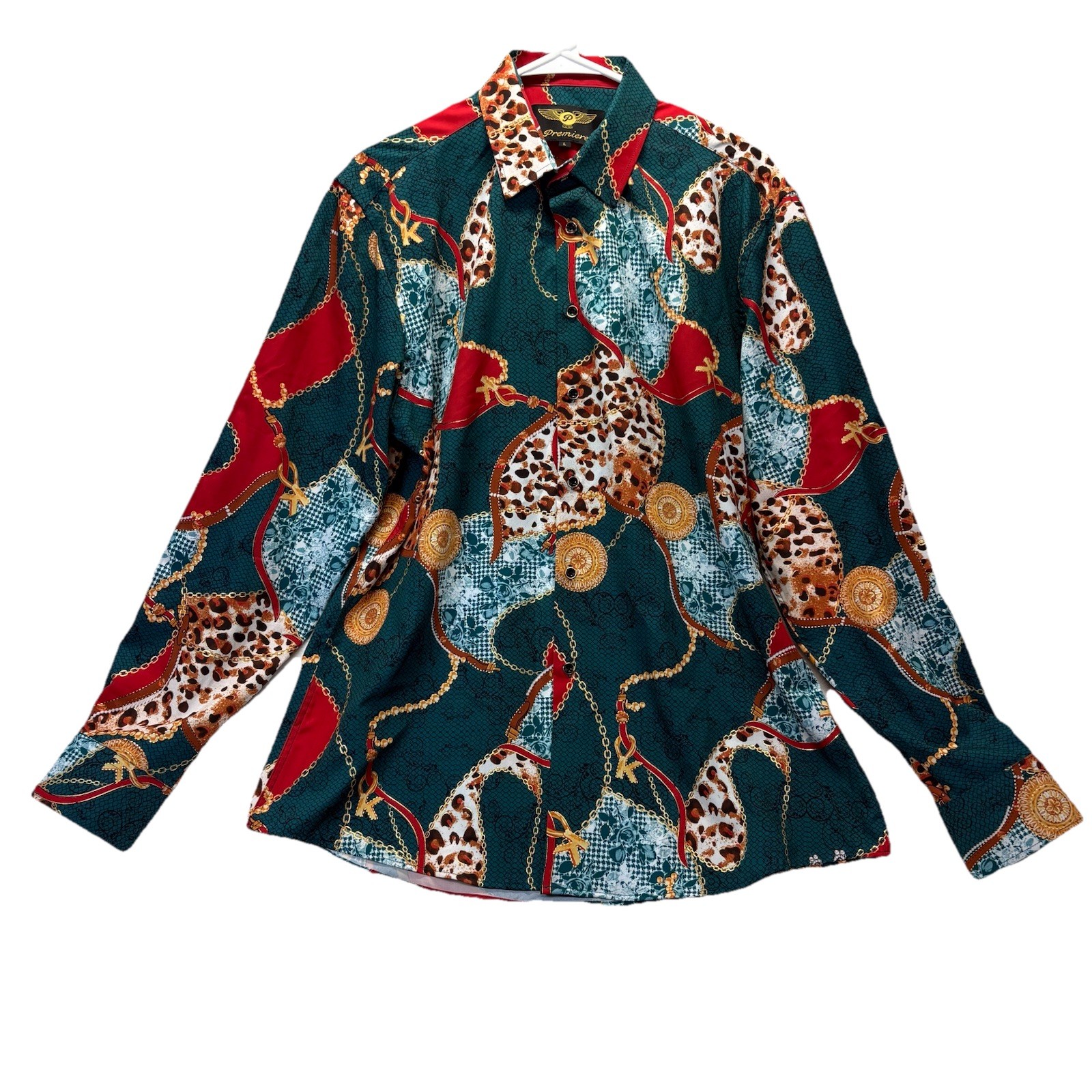 Premiere Shirt Mens L Teal Gold Leopard Lace Floral Chains Long Sleeve Button Up