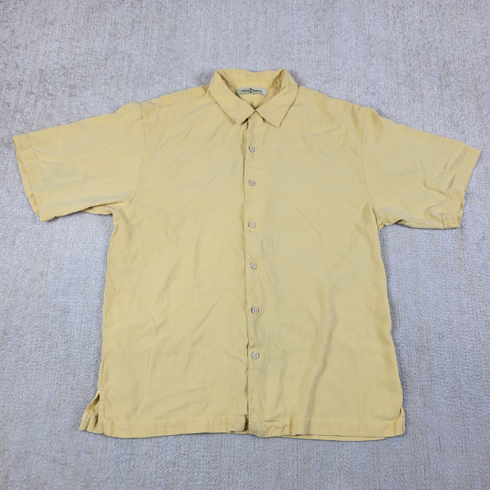 Tommy Bahama Silk Shirt Mens L Yellow Embroidered Back Bar None Cocktails Drinks