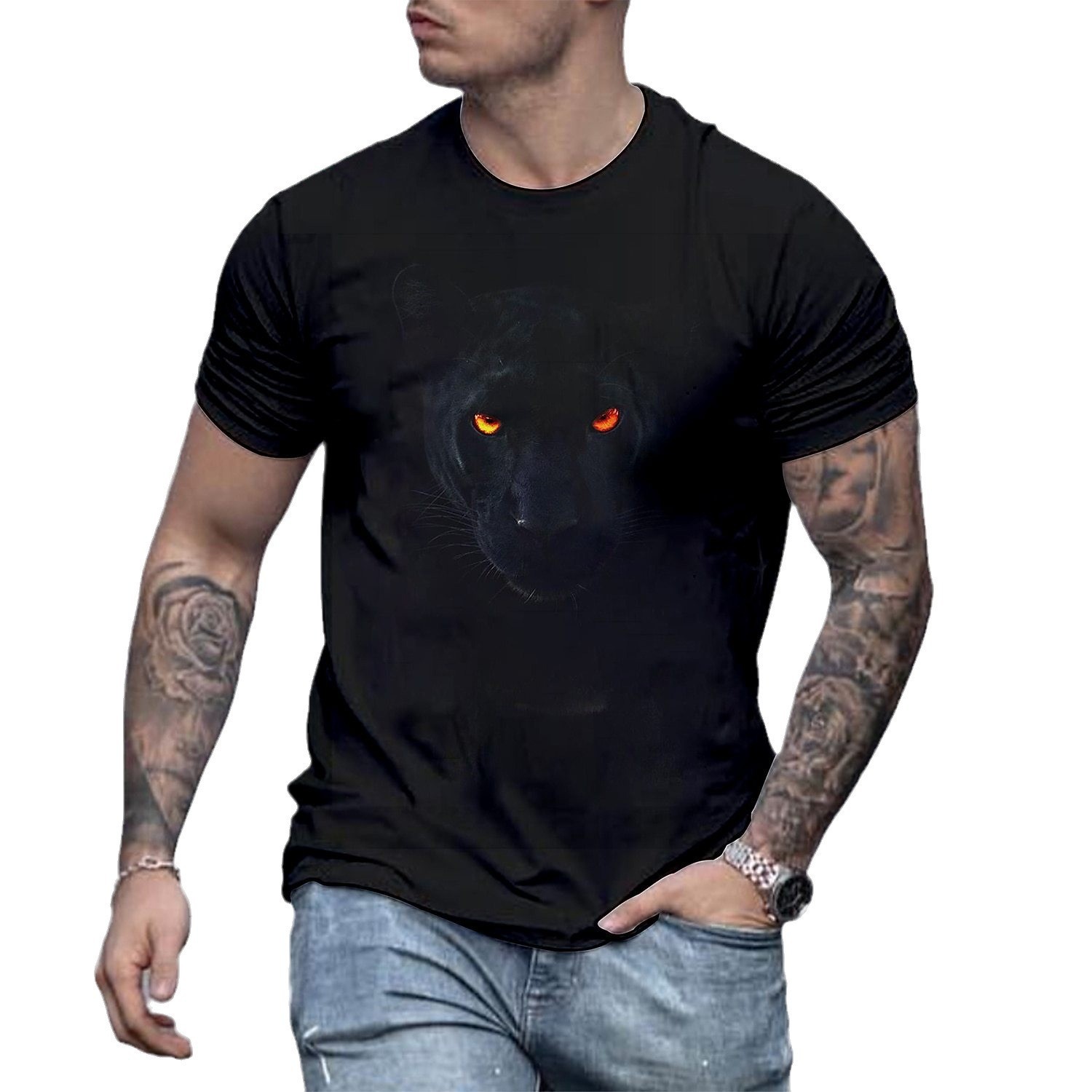 Streetwear style black men’s tiger pattern crew neck printed T-shirt