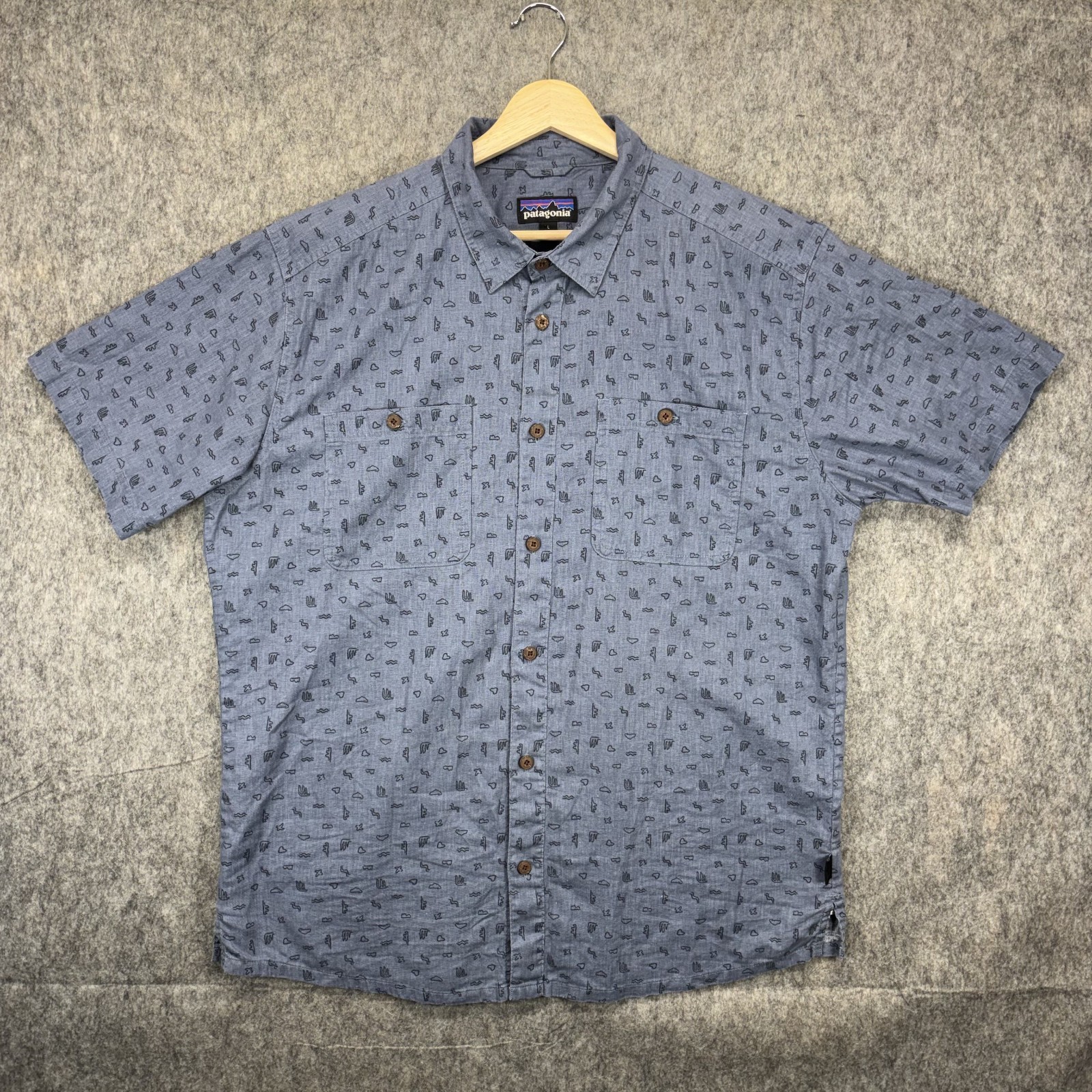 Patagonia Back Step Shirt Large Blue Floral Fish Hawaiian Camp Hemp Blend 53139