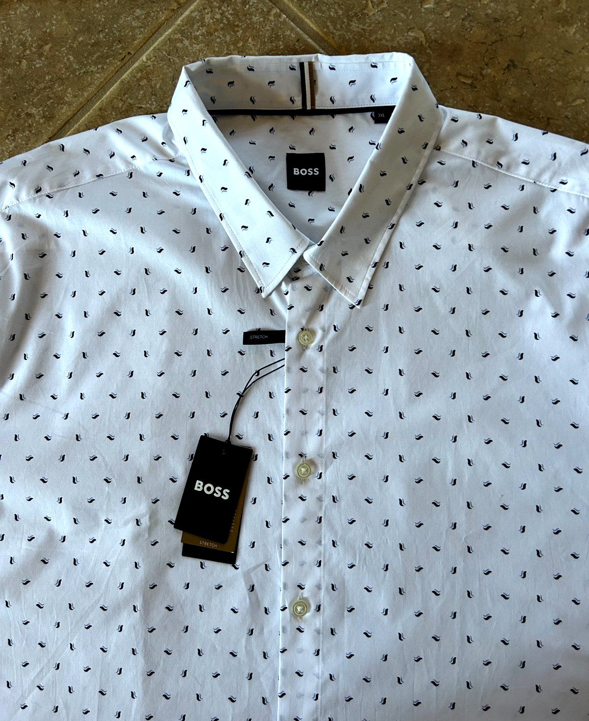 Hugo Boss Roan Stretch Cotton Button Up Shirt Men 3XL White w/Geo Print $158 NWT