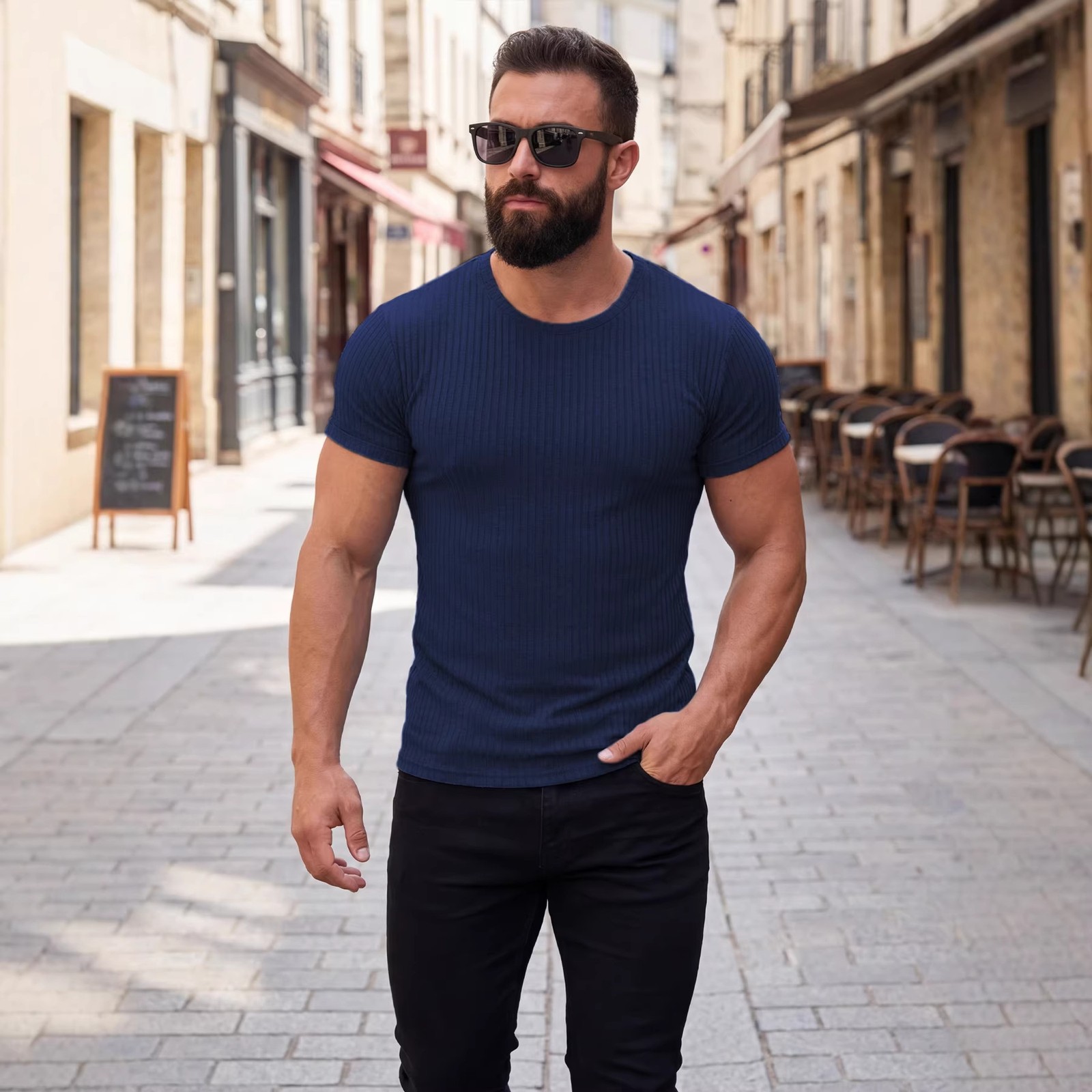 Summer Vertical Stripe Stretch Crew Neck Athletic Tee