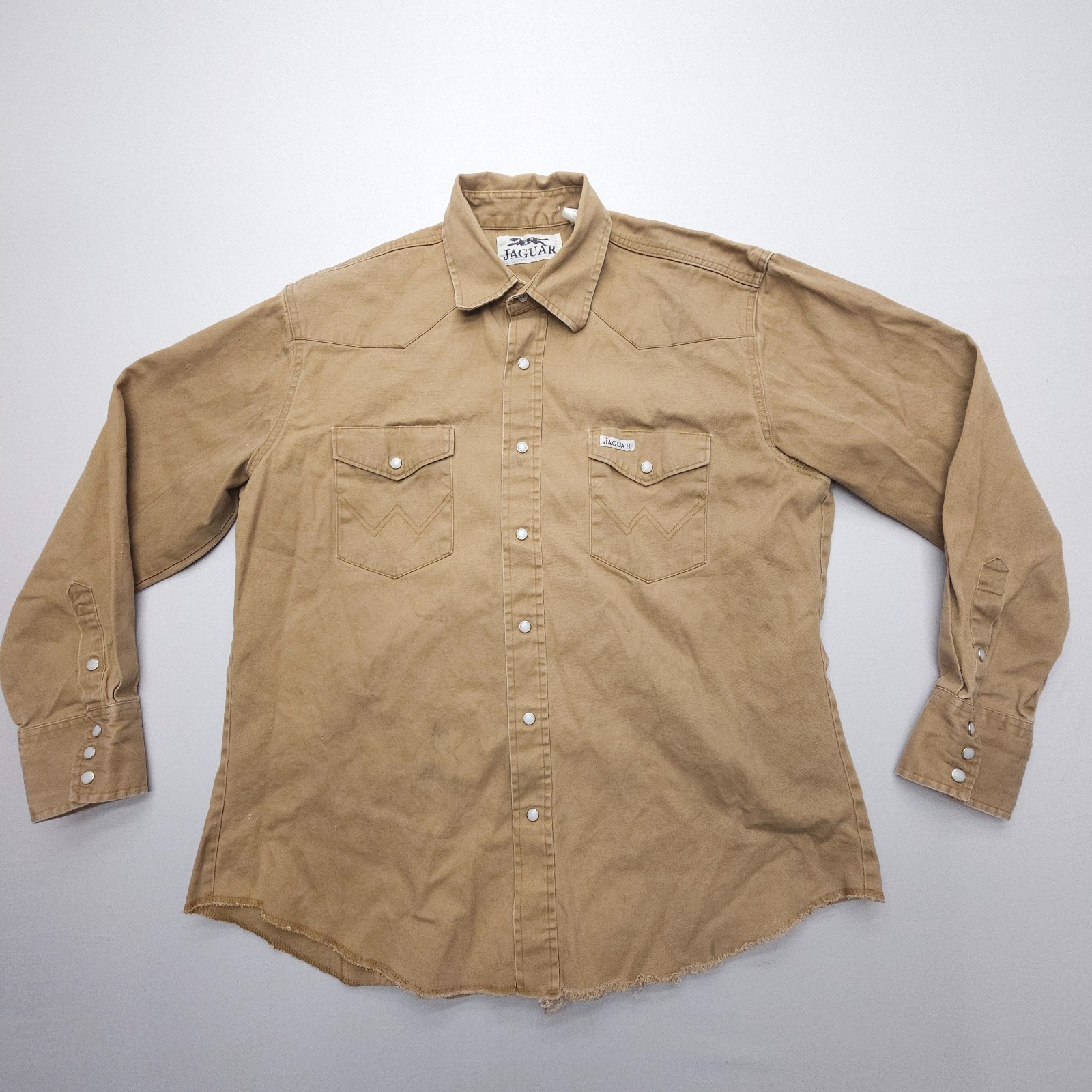 Vintage Y2K Jaguar / Wrangler Pearl Snap Shirt Mens XL Tan Cotton Twill *Wear