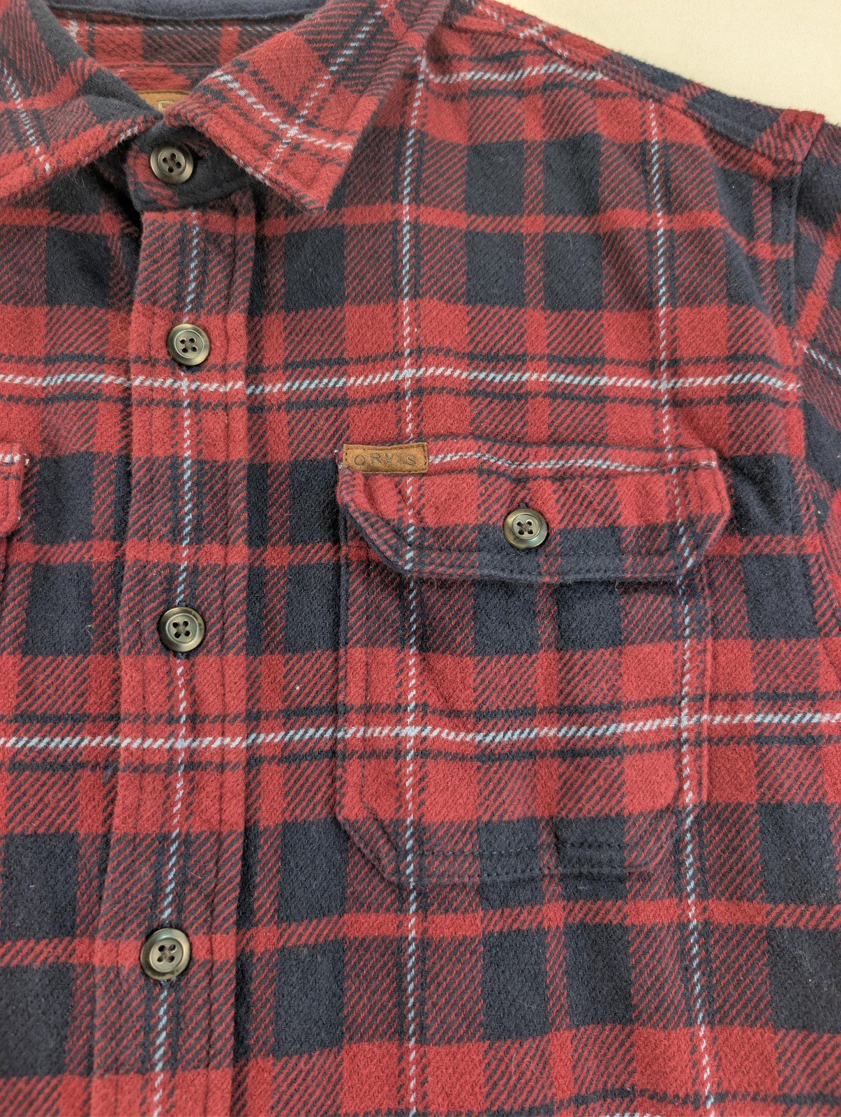 Orvis Flannel Shirt Mens Large Sangria Plaid Cotton Button Front Pockets