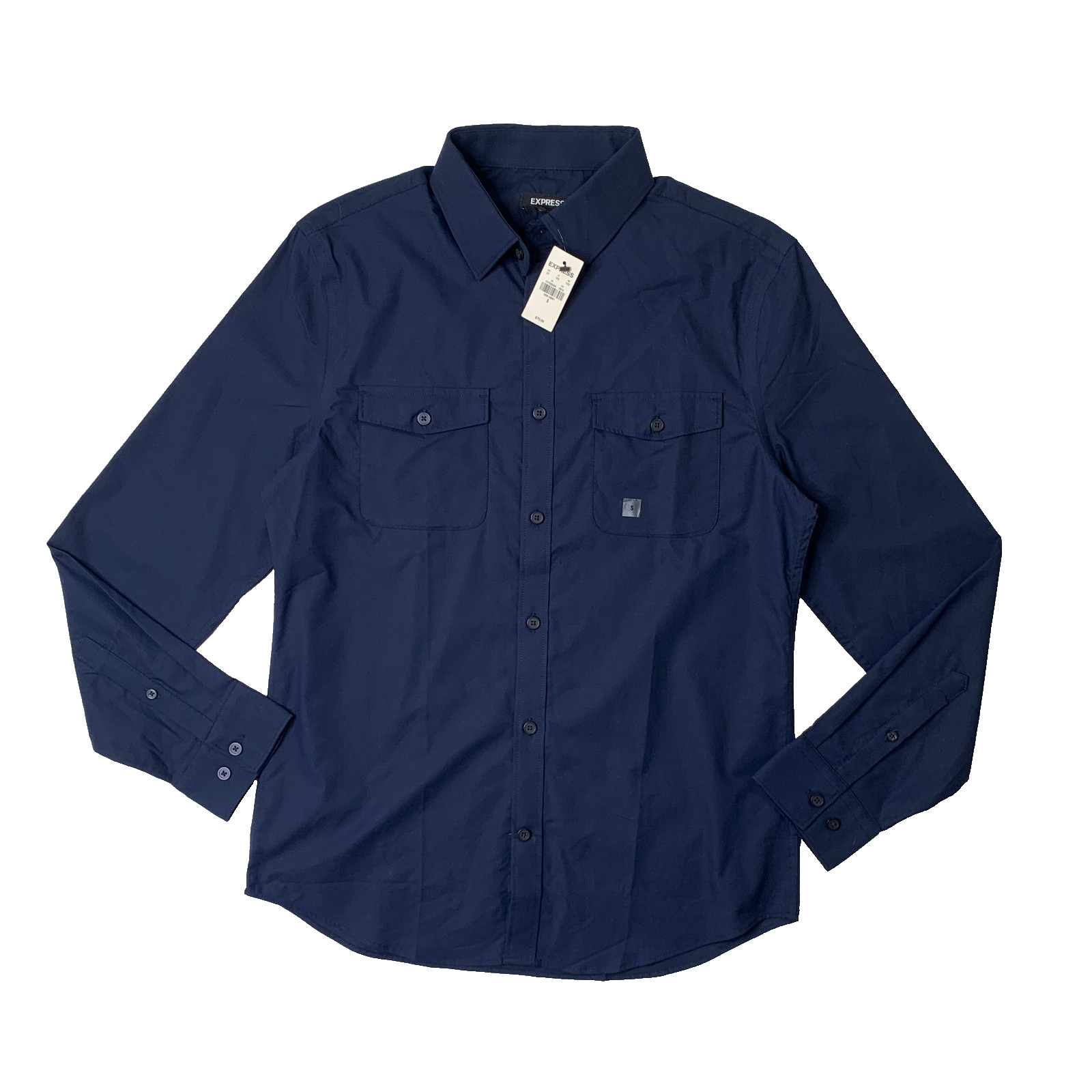 Express Shirt Mens S Small Navy Stretch Cotton Nylon Long Sleeve Flap Pockets