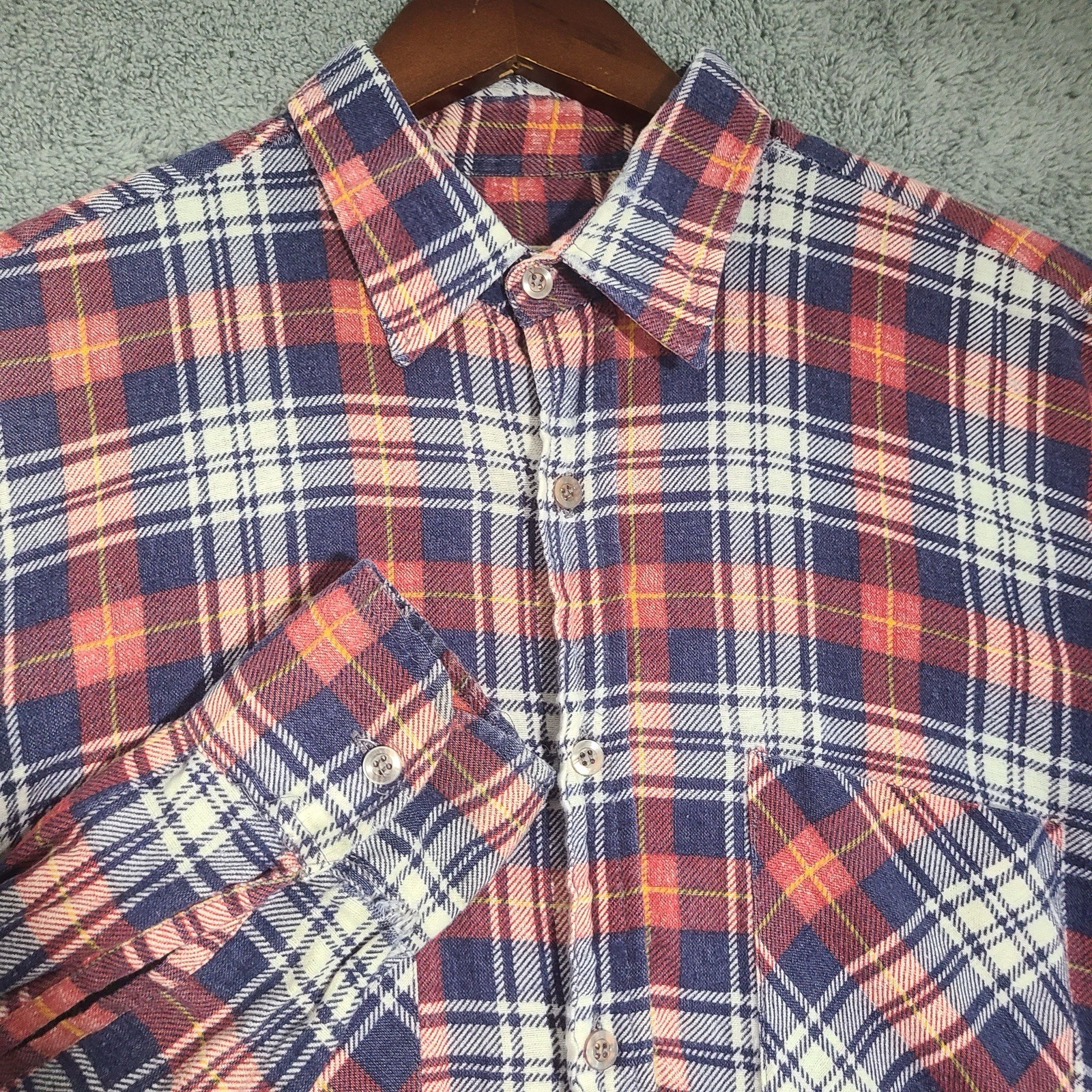 Vintage 70s Flannel Shirt Men’s Large Blue Red Plaid Royal Choice Long Sleeve