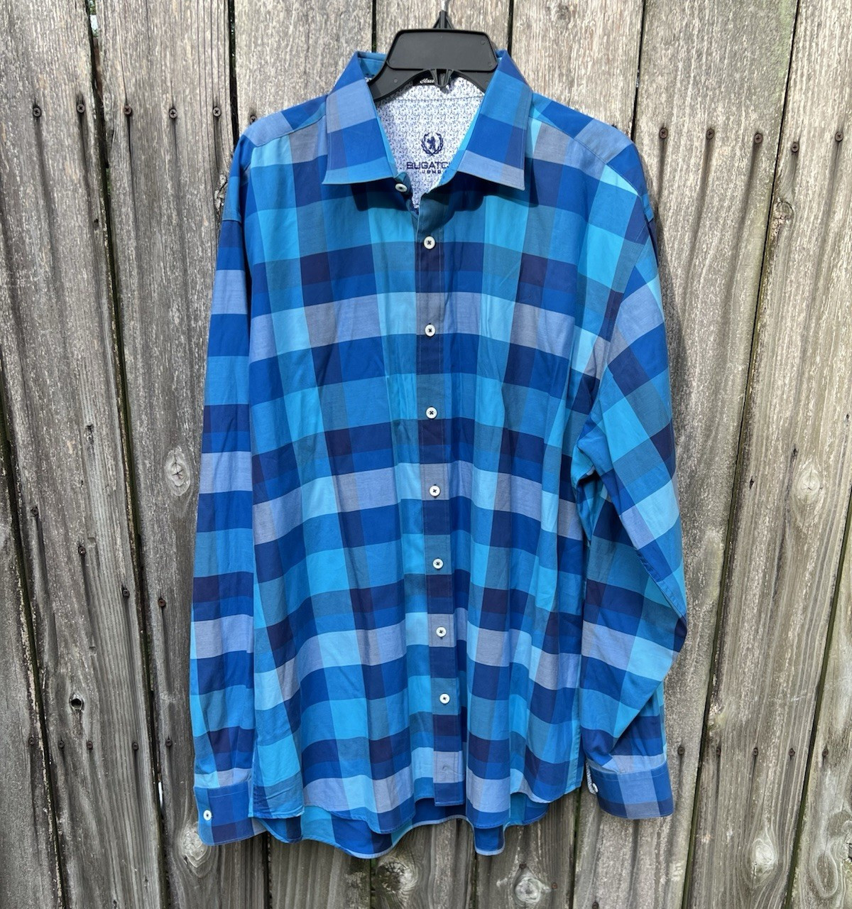 Bugatchi Uomo Men’s L Blue Check Cotton Woven Long Sleeve Spread Collar Shirt