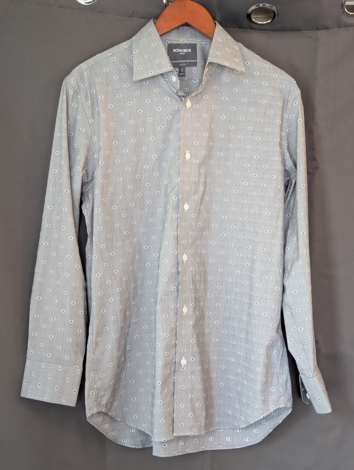 Bonobos Slim Stretch Geometric DressButton-Up Shirt Gray Blue White 16/33