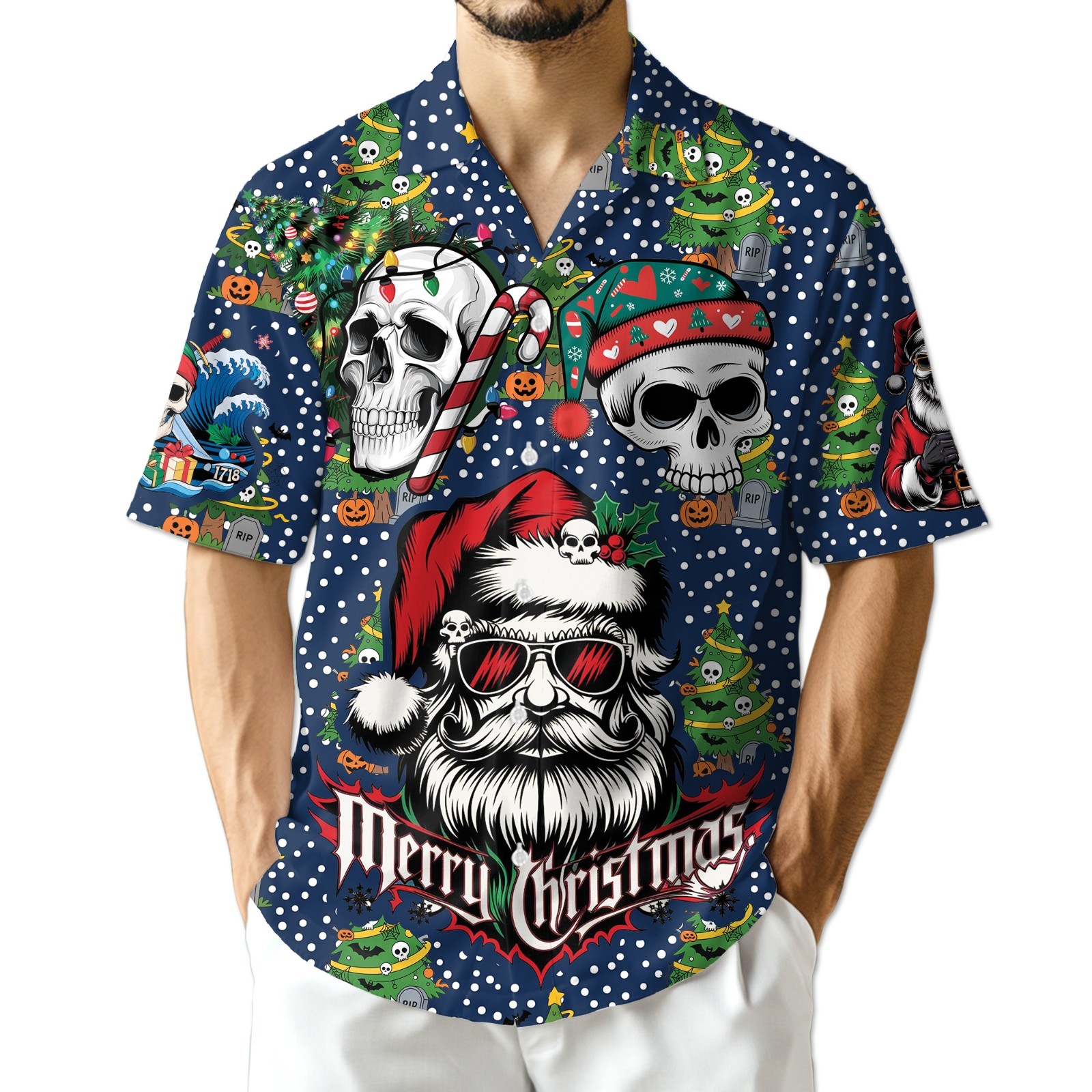 Santa Claus Skull Christmas Hawaiian Shirt Funny Holiday Button Up Gift