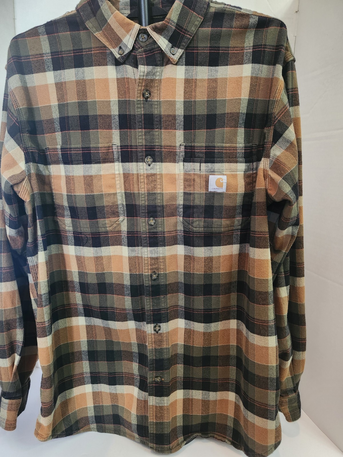 Carhartt Relaxed Fit Flannel Shirt Men’s Large Brown Tan Plaid Work Heavyweight
