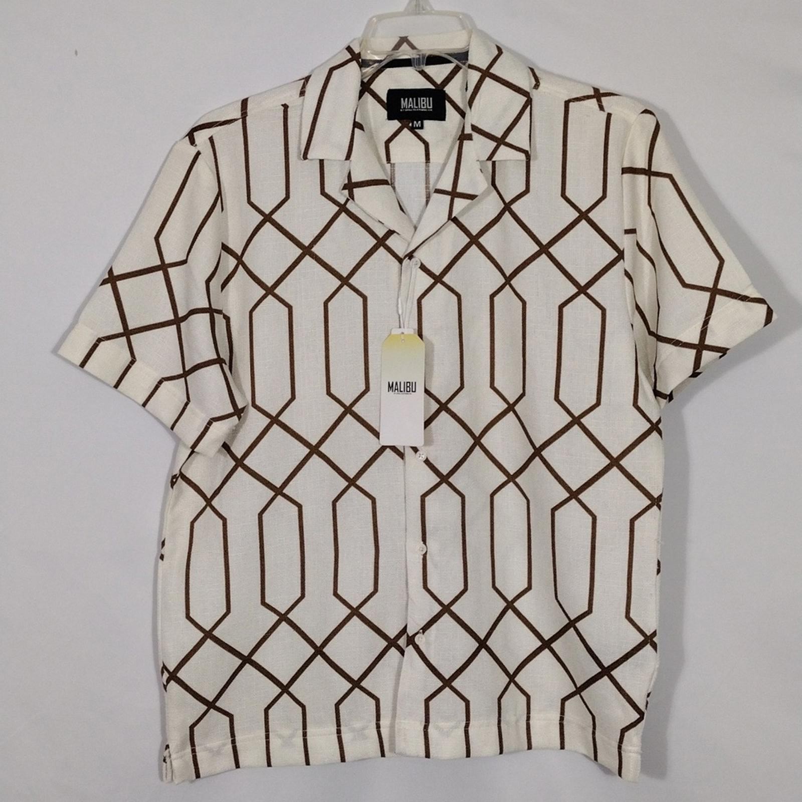 NWT Malibu By Drill Clothing Co EcroBrown Geo Print Linen Like Short Sleeve Sz M