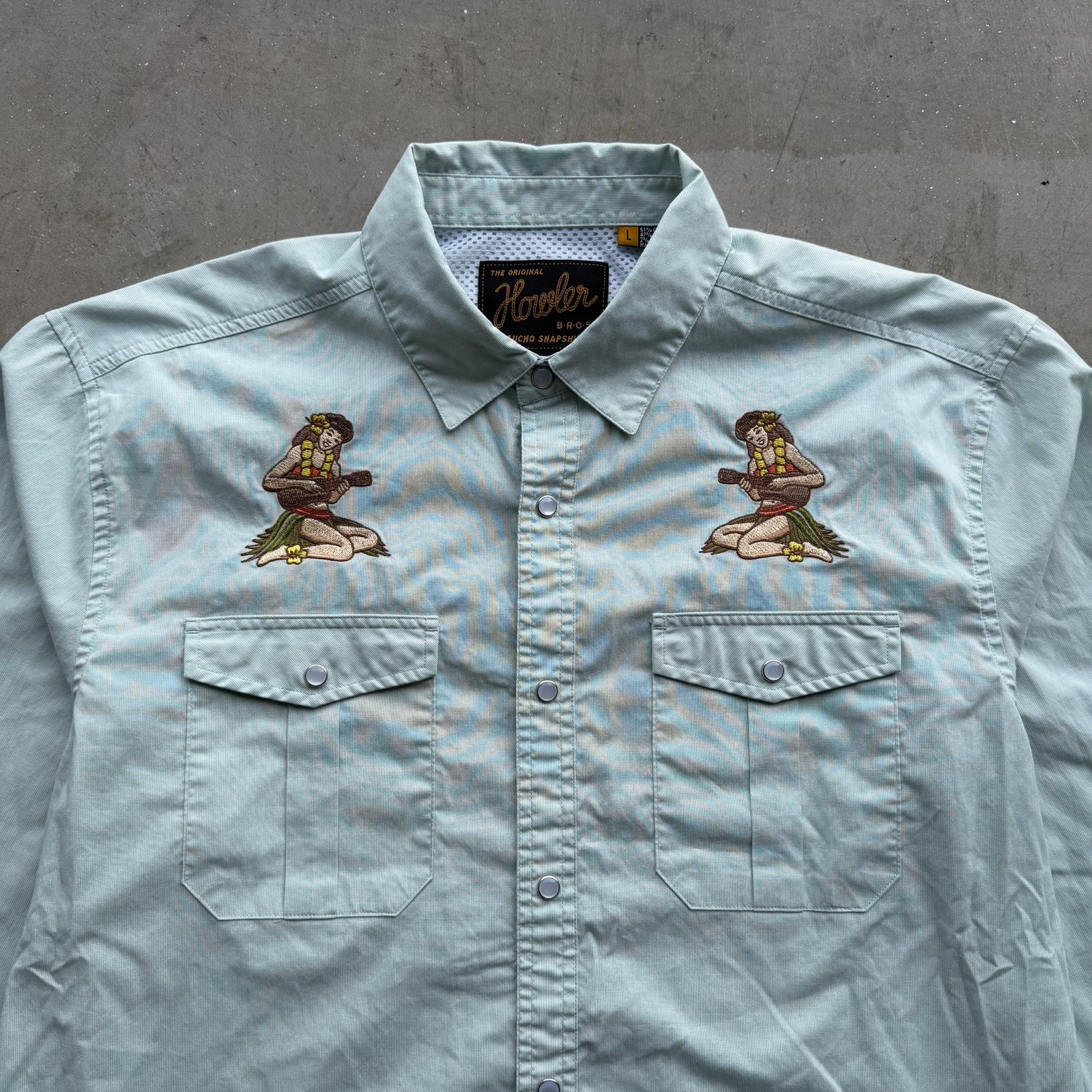 Howler Bros Shirt Sz L Gaucho Snapshirt Hula Girls 10 Year Hawaiian Micro Stripe