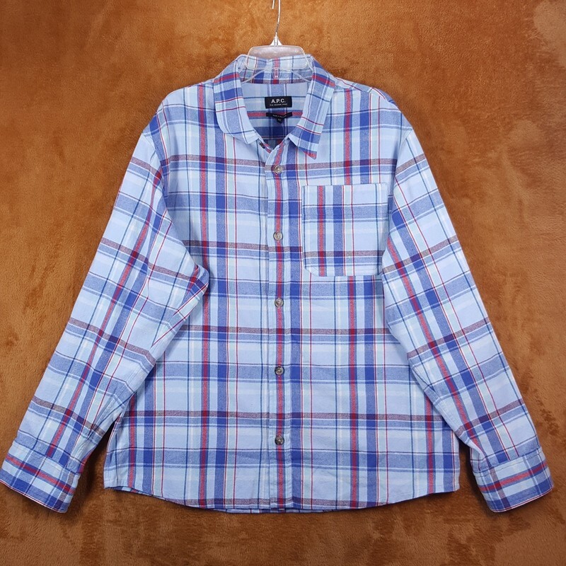 A.P.C. Shirt Mens XXL Blue Plaid Button Up Pocket Long Sleeve Casual $270