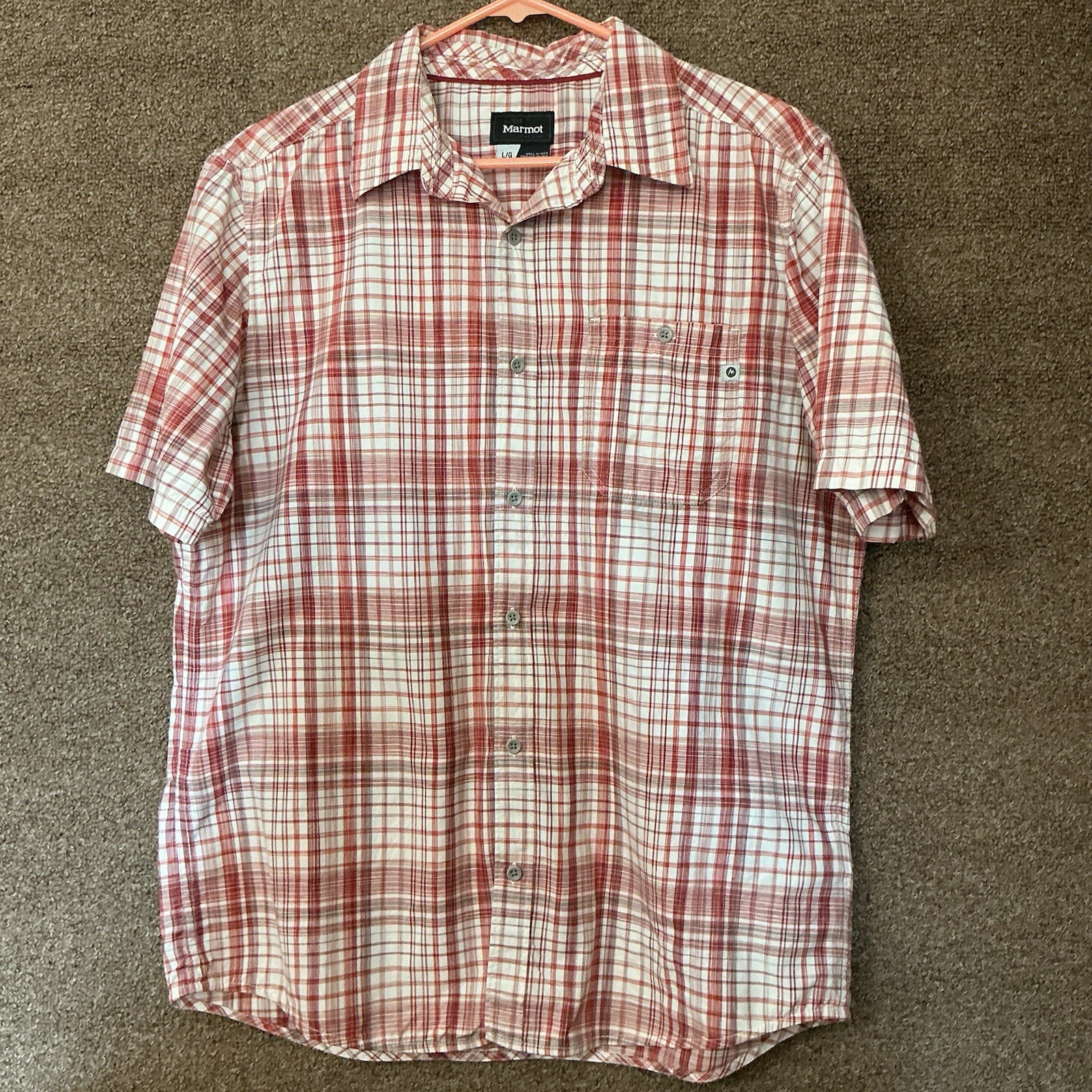 Marmot Men’s Plaid Short Sleeve Button Shirt Sz L Red White Gray Organic Cotton