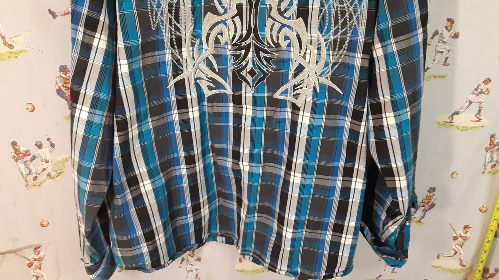 🤠 Panhandle Slim Men’s Western Pearl Snap Shirt Blue Plaid Embroidered Size XL