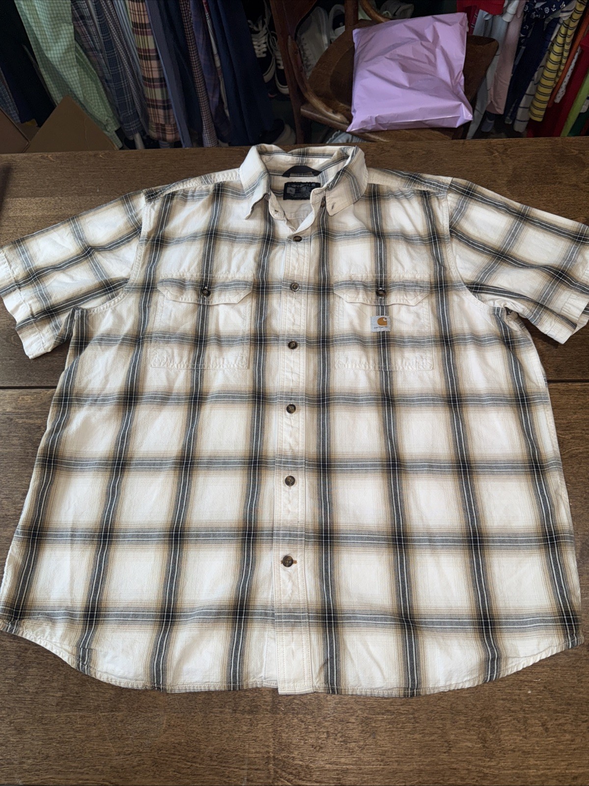 CARHARTT Loose Fit Plaid Shirt Size XL Mens Double Pocket Workwear Short Sleeve