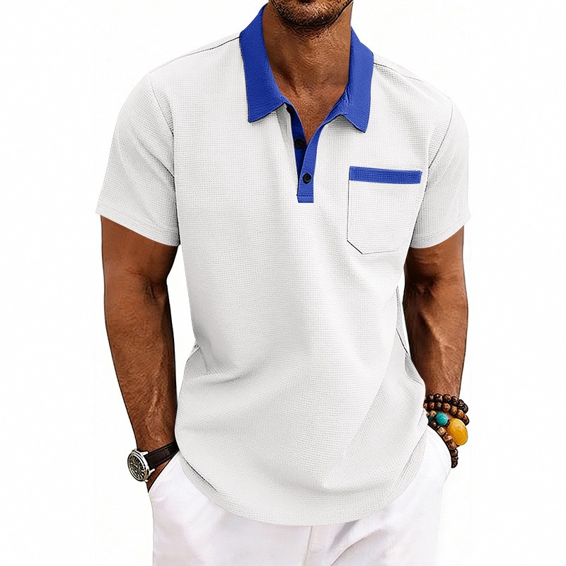 Men’s color-block pocket polo casual minimalist commuting lapel short sleeve