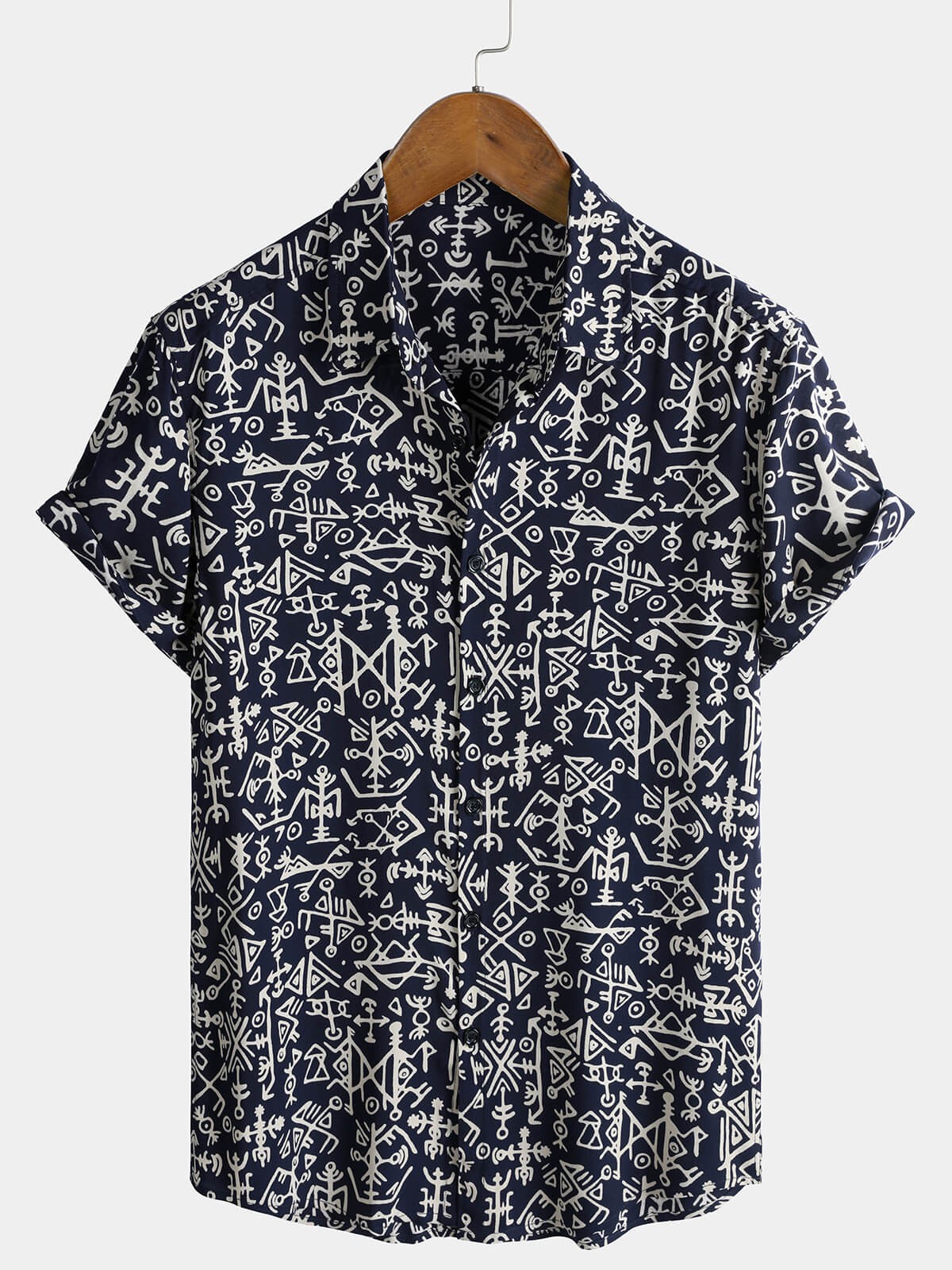 Tribal Print Hawaiian Shirt Aloha Shirt Button Up Short Sleeve Navy Blue Men