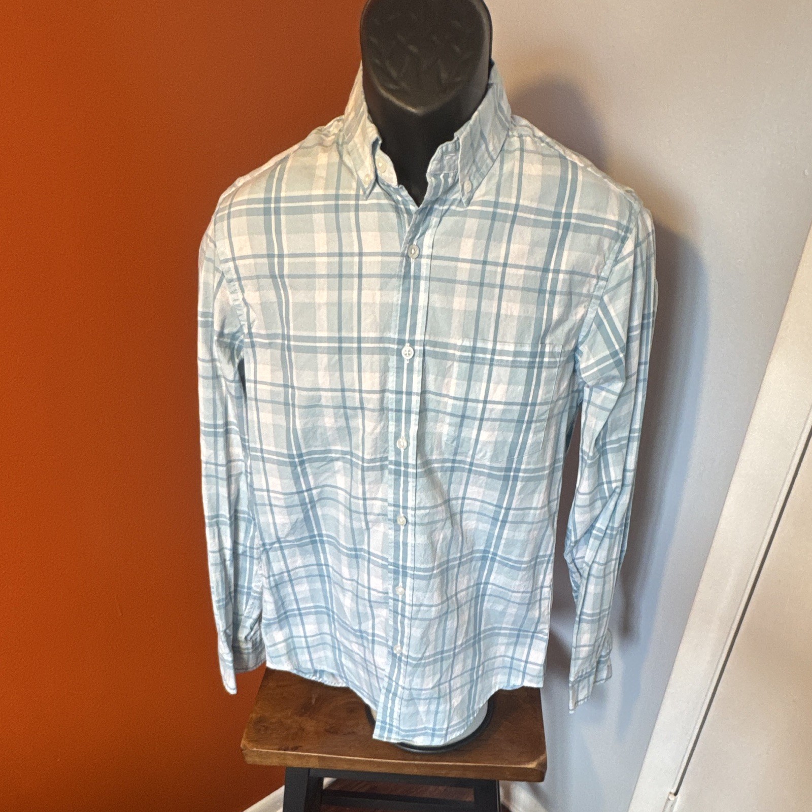J.CREW Flex Washed Men’s S Blue/White Plaid Cotton Button-Down Shirt LS Slim