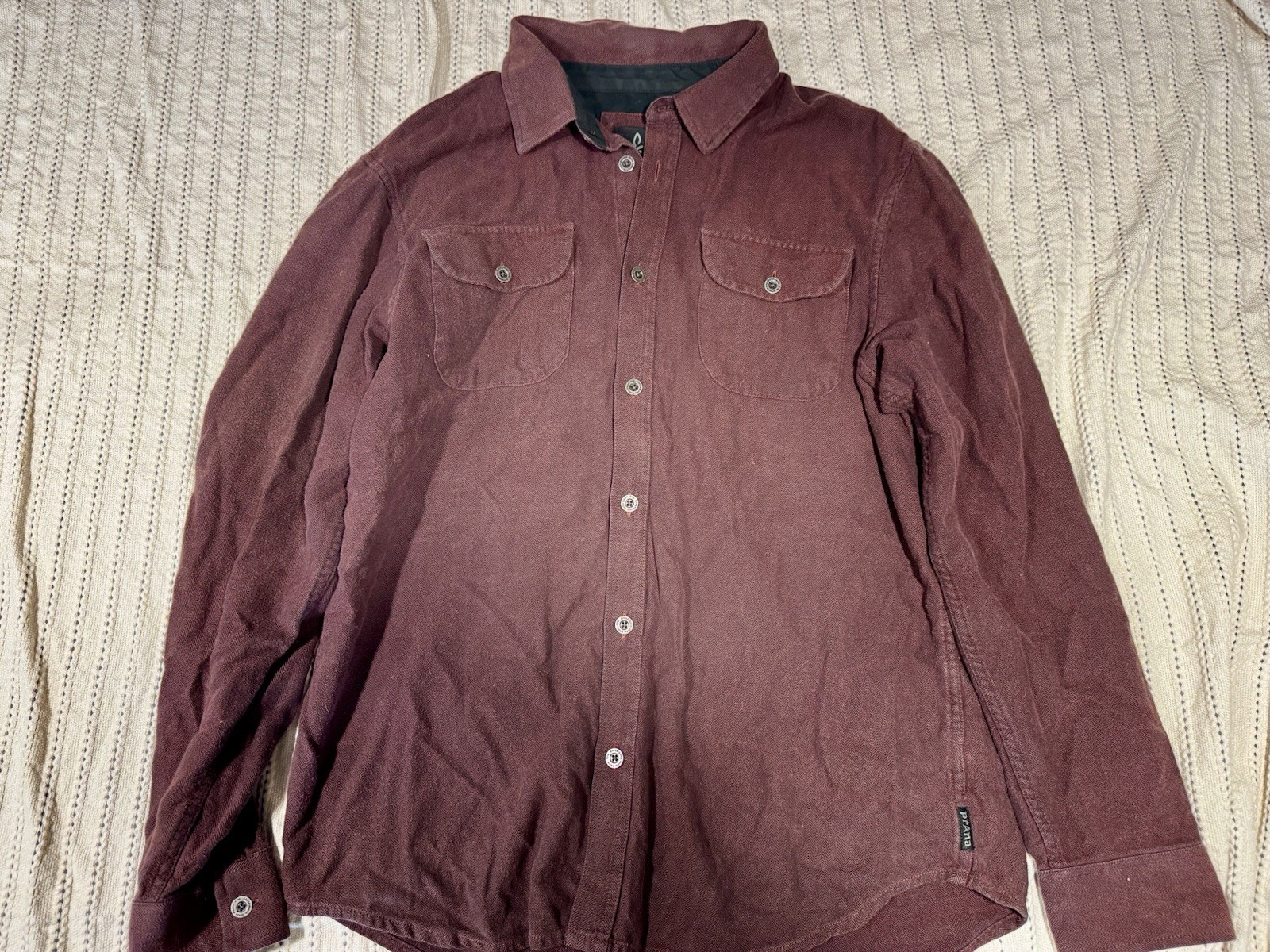 prAna Men’s Burgundy Solid Long Sleeve Point Collar Button-Up Shirt L