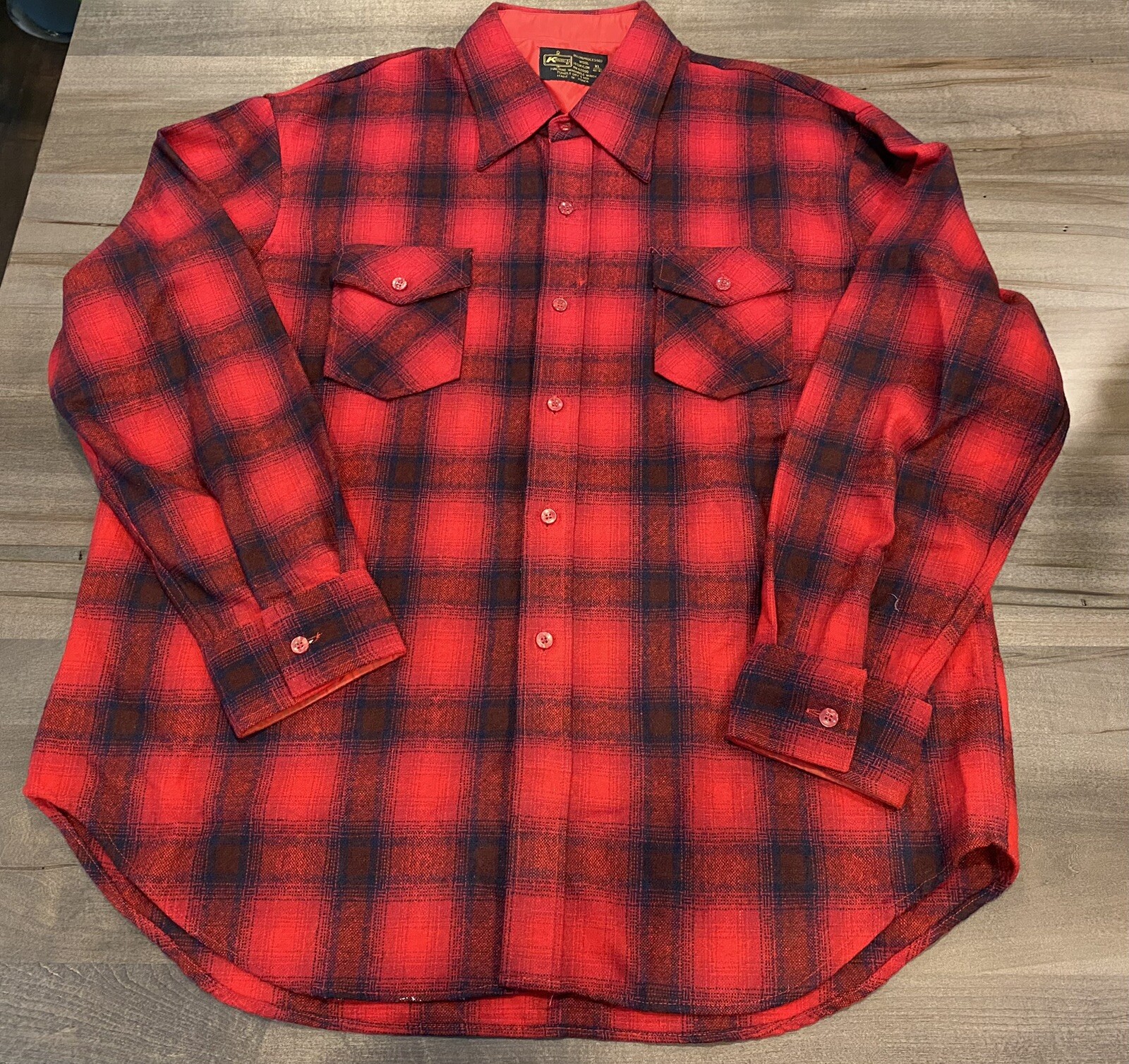 Vintage K-Mart Wool Flannel Button Up Shirt Buffalo Plaid Chest Pockets XL EUC