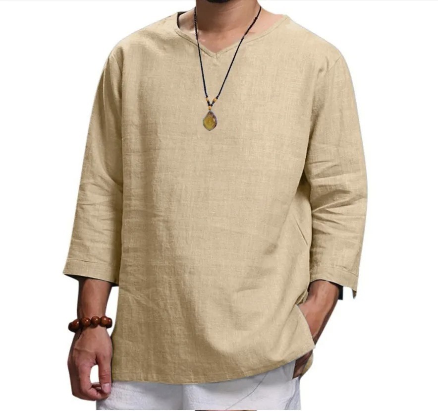 Men’s 3/4 Sleeve Casual Cotton Pullover V-Neck Loose Fit Beach Shirt