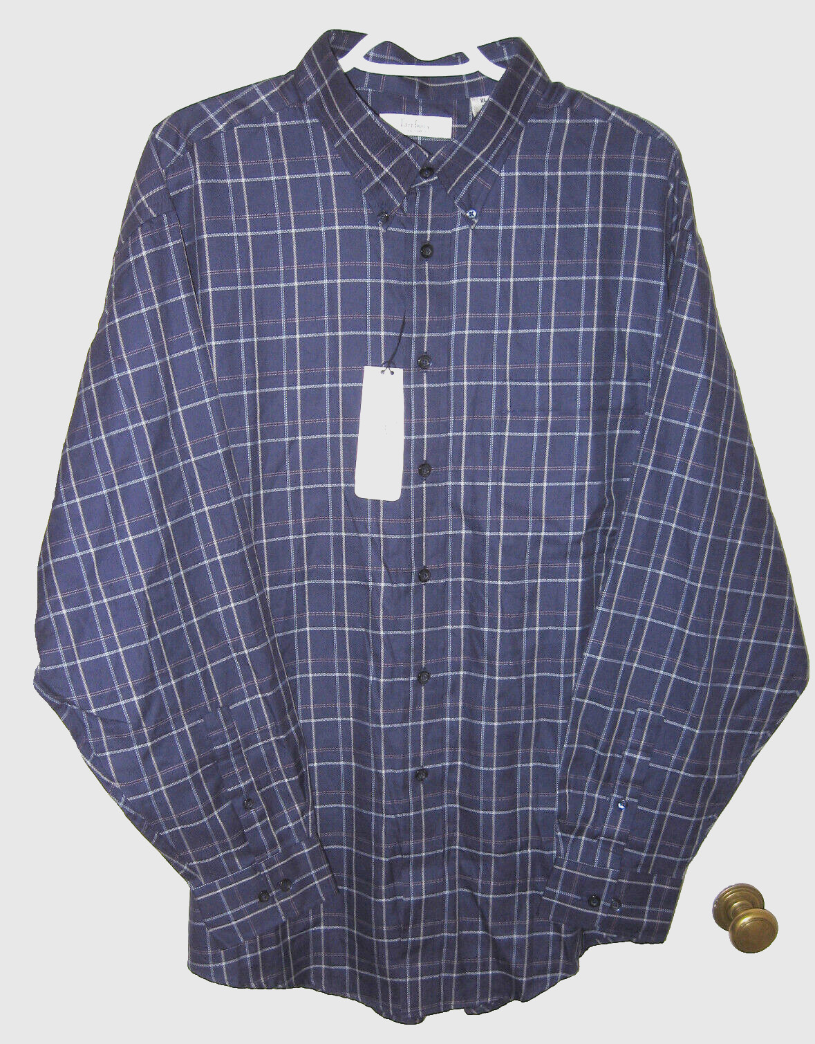 NEW TURNBURY MEN’S BUTTON DOWN SHIRT SZ XL x 35″ BLUE BEIGE PLAID WOVEN COTTON