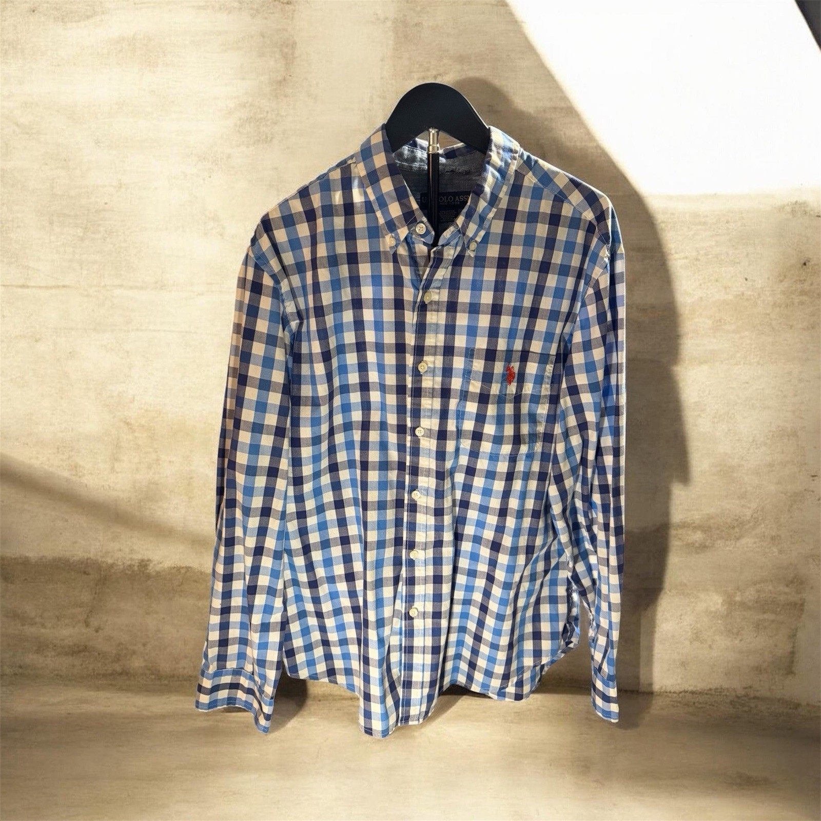 US Polo Association Ralph Lauren Blue White Plaid Men’s Button Collar Shirt XL