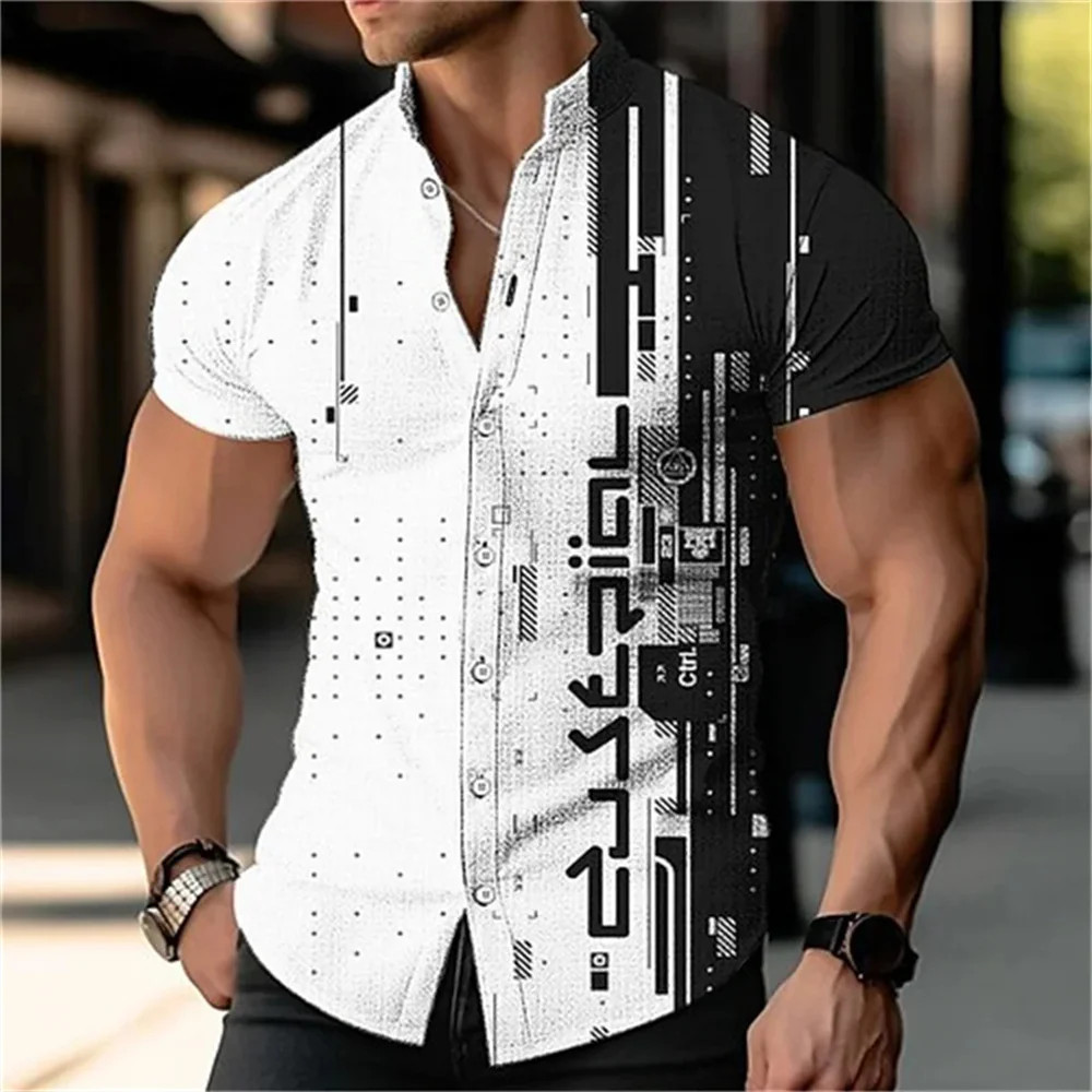 Men’s 3D digital printed geometric stand up collar solid color short sleeved