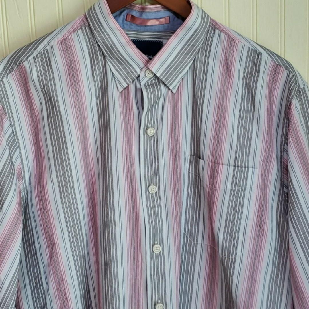 Tommy Bahama Shirt Mens Large White Pink Stripe Long Sleeve Cotton Silk Casual