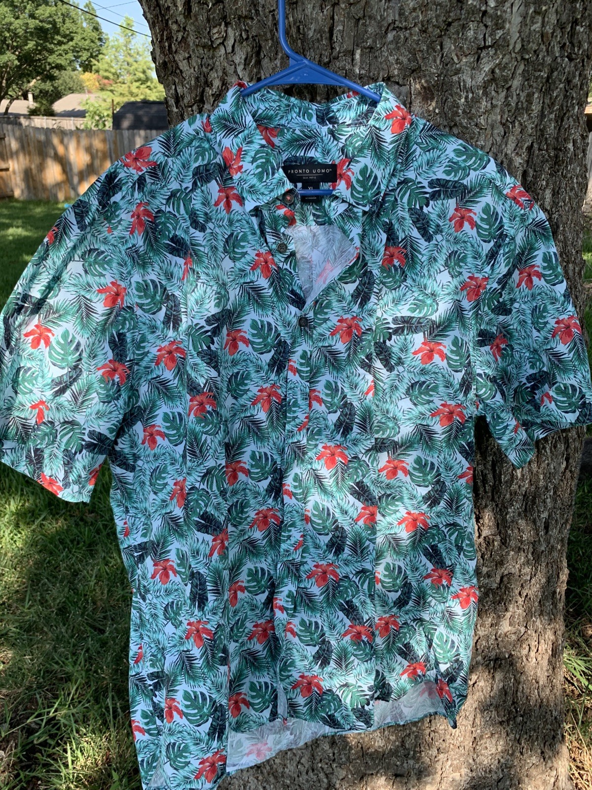 Pronto Uomo Hawaiian Shirt Men’s XL Green w/Red Flowers 100% Cotton Short Sleeve