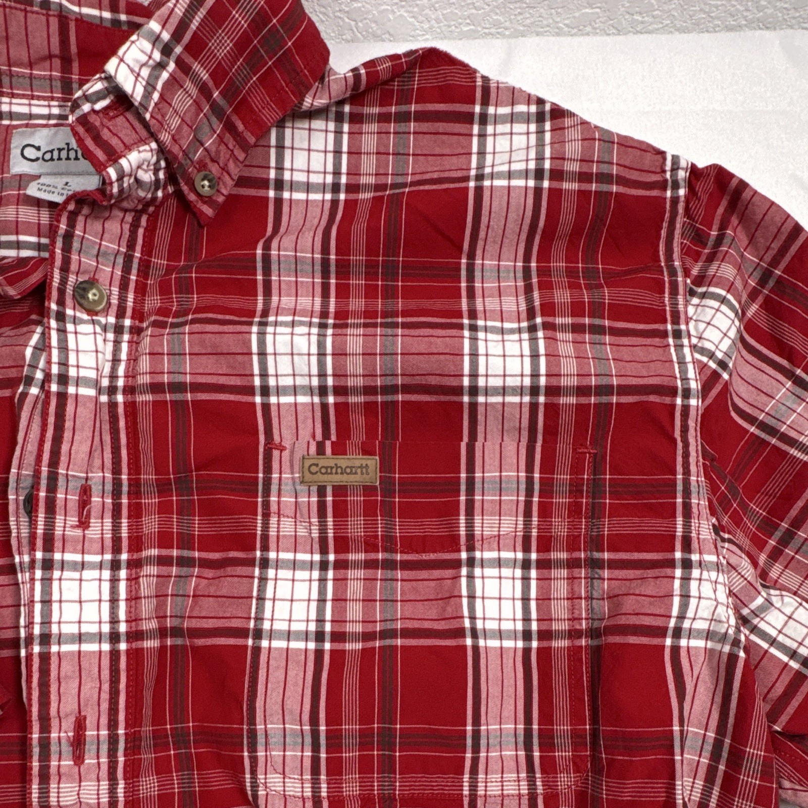Carhartt Men’s L Regular Cotton Woven Plaid Red/White/Gray Shirt Pockets